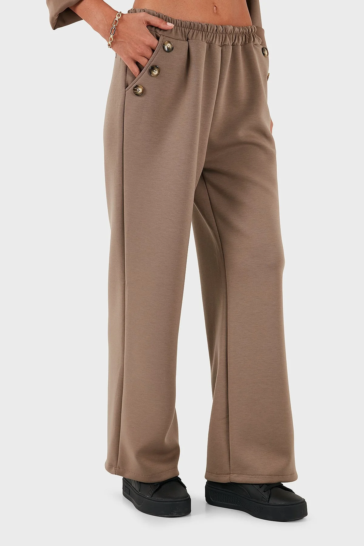 Via Dante Regular Fit Lastikli Bel Geniş Paça Düğme Detaylı Kadın Pantolon 6888573 VİZON - 5