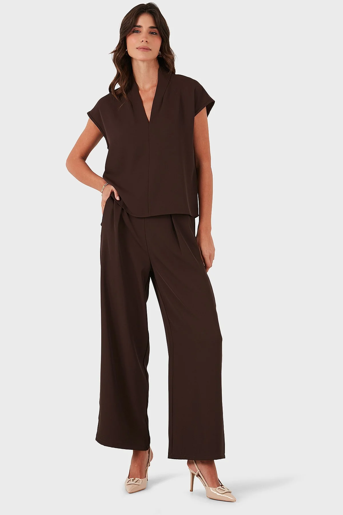 Via Dante Regular Fit Normal Bel Geniş Paça Bayan Pantolon 268755092 KAHVE - 2