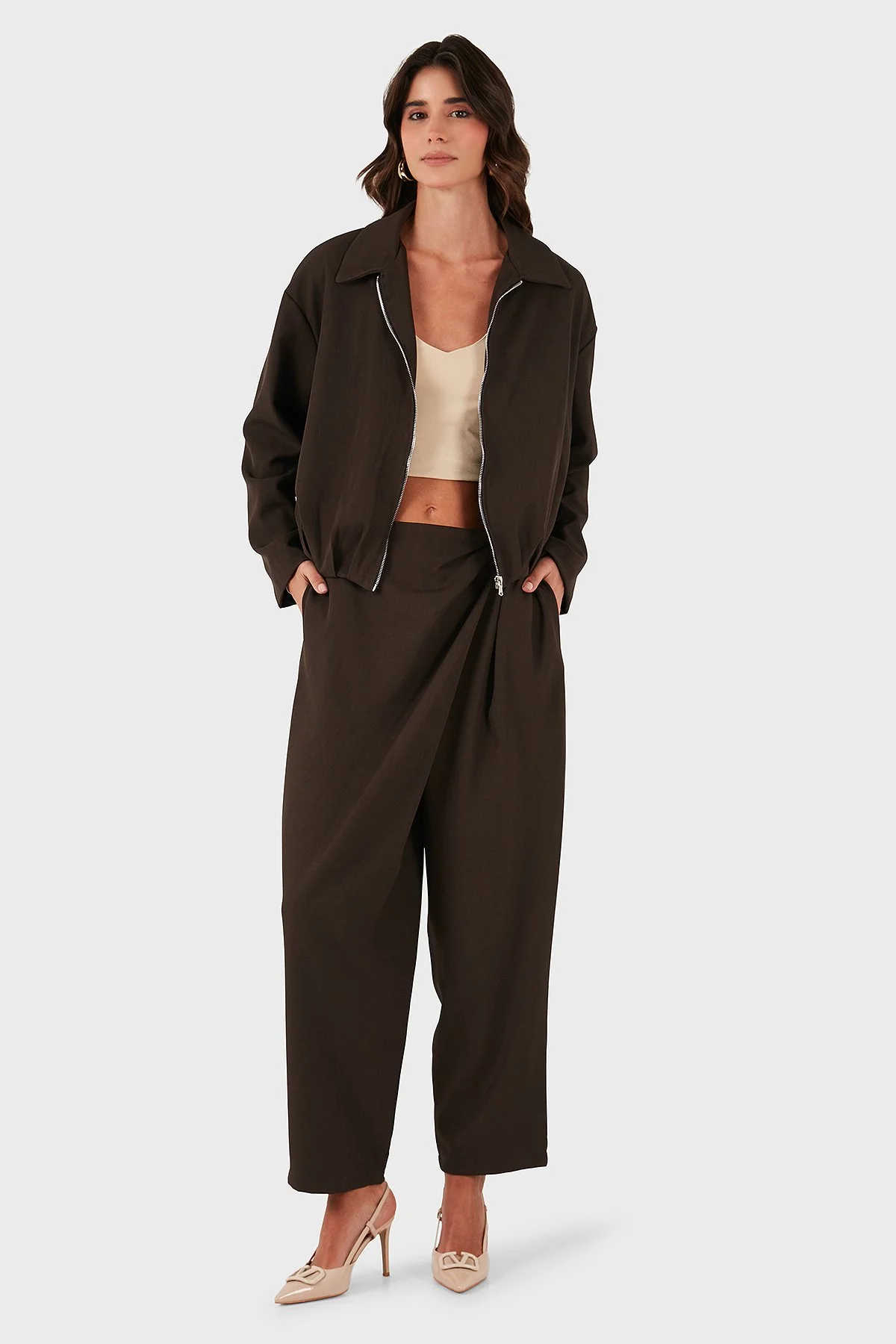 Via Dante Regular Fit Normal Bel Geniş Paça Bayan Pantolon 2687557721 KAHVE - 2