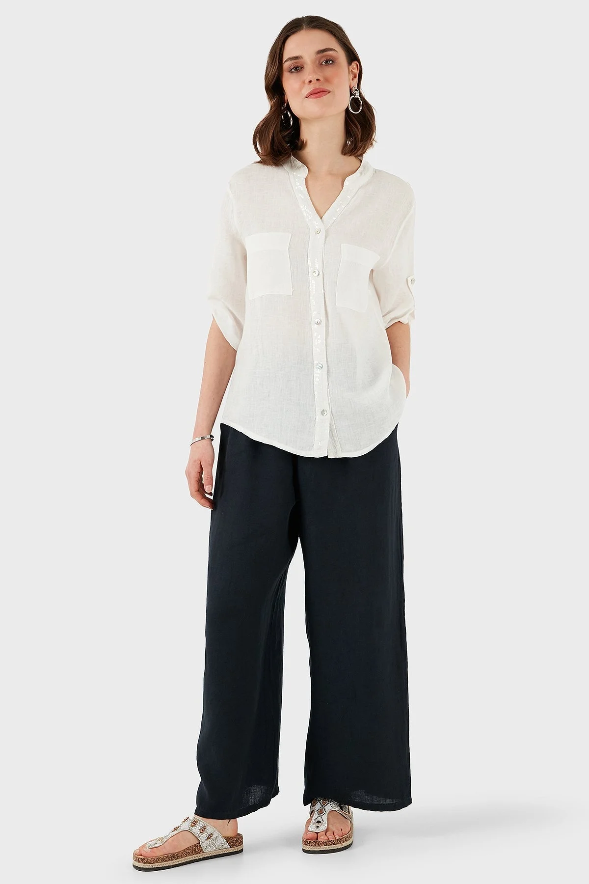 Via Dante Regular Fit Normal Bel Geniş Paça Keten Bayan Pantolon 4998194 LACİVERT - 1