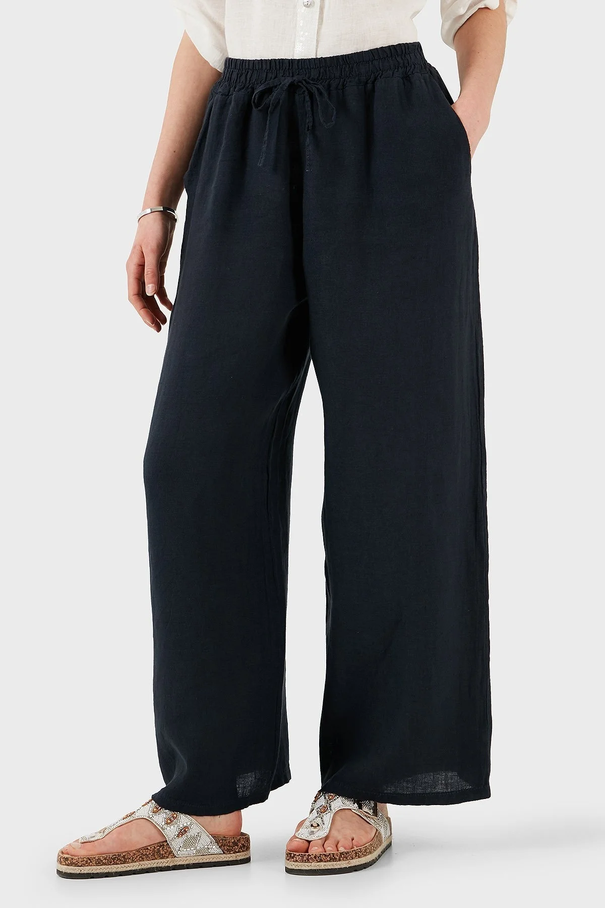 Via Dante Regular Fit Normal Bel Geniş Paça Keten Bayan Pantolon 4998194 LACİVERT - 3