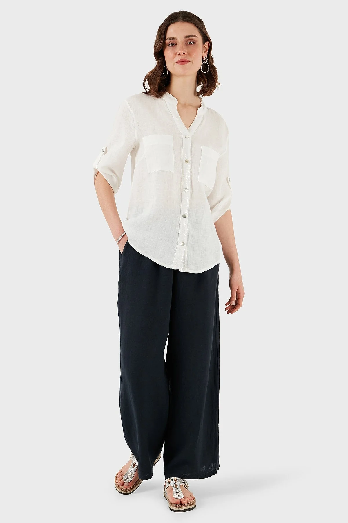 Via Dante Regular Fit Normal Bel Geniş Paça Keten Bayan Pantolon 4998194 LACİVERT - 4