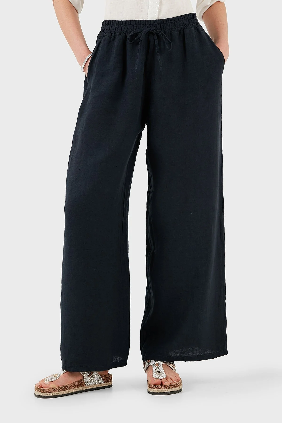 Via Dante Regular Fit Normal Bel Geniş Paça Keten Bayan Pantolon 4998194 LACİVERT - 5