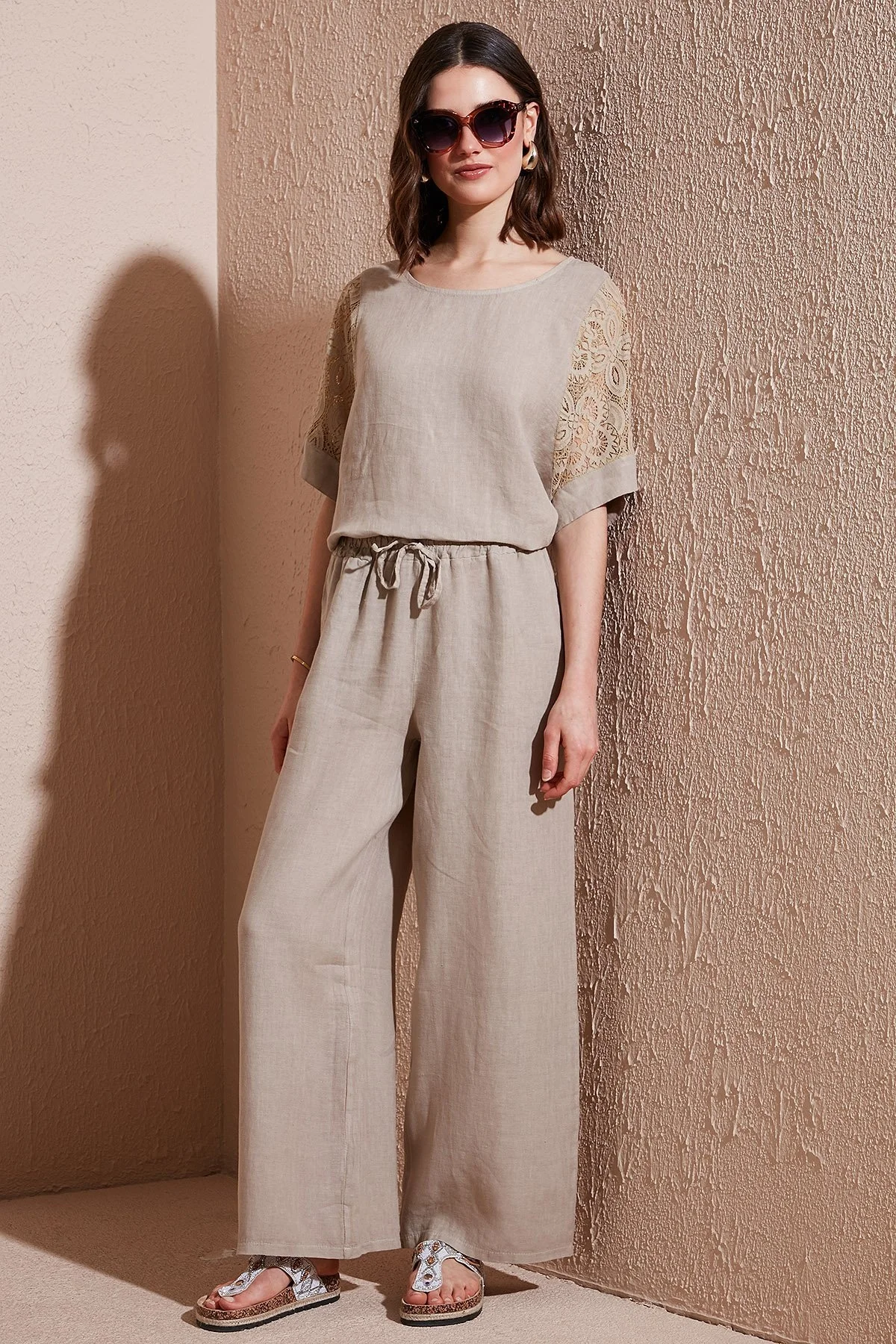 Via Dante Regular Fit Normal Bel Geniş Paça Keten Bayan Pantolon 4998687 TAŞ - 1