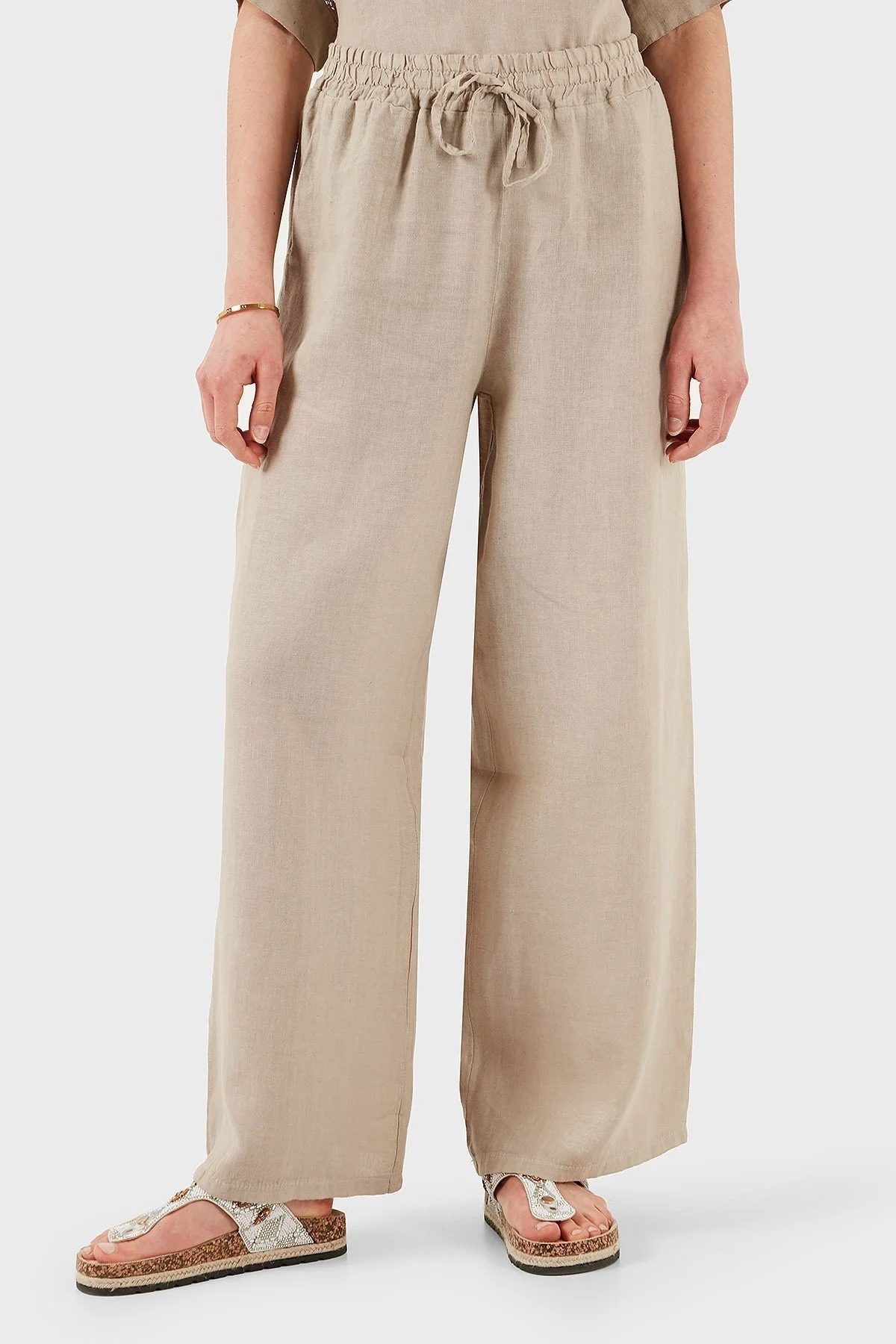 Via Dante Regular Fit Normal Bel Geniş Paça Keten Bayan Pantolon 4998687 TAŞ - 2