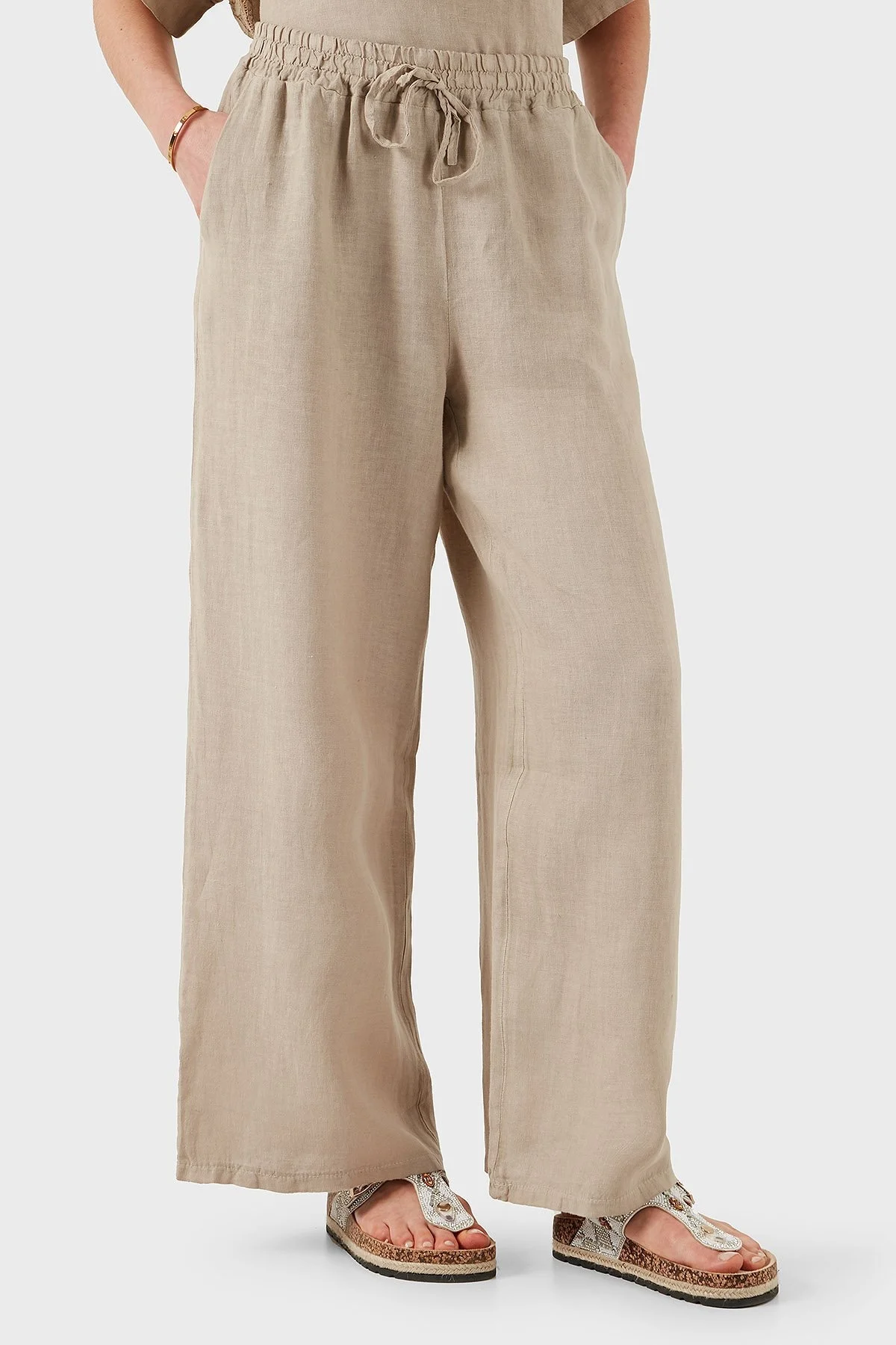 Via Dante Regular Fit Normal Bel Geniş Paça Keten Bayan Pantolon 4998687 TAŞ - 3