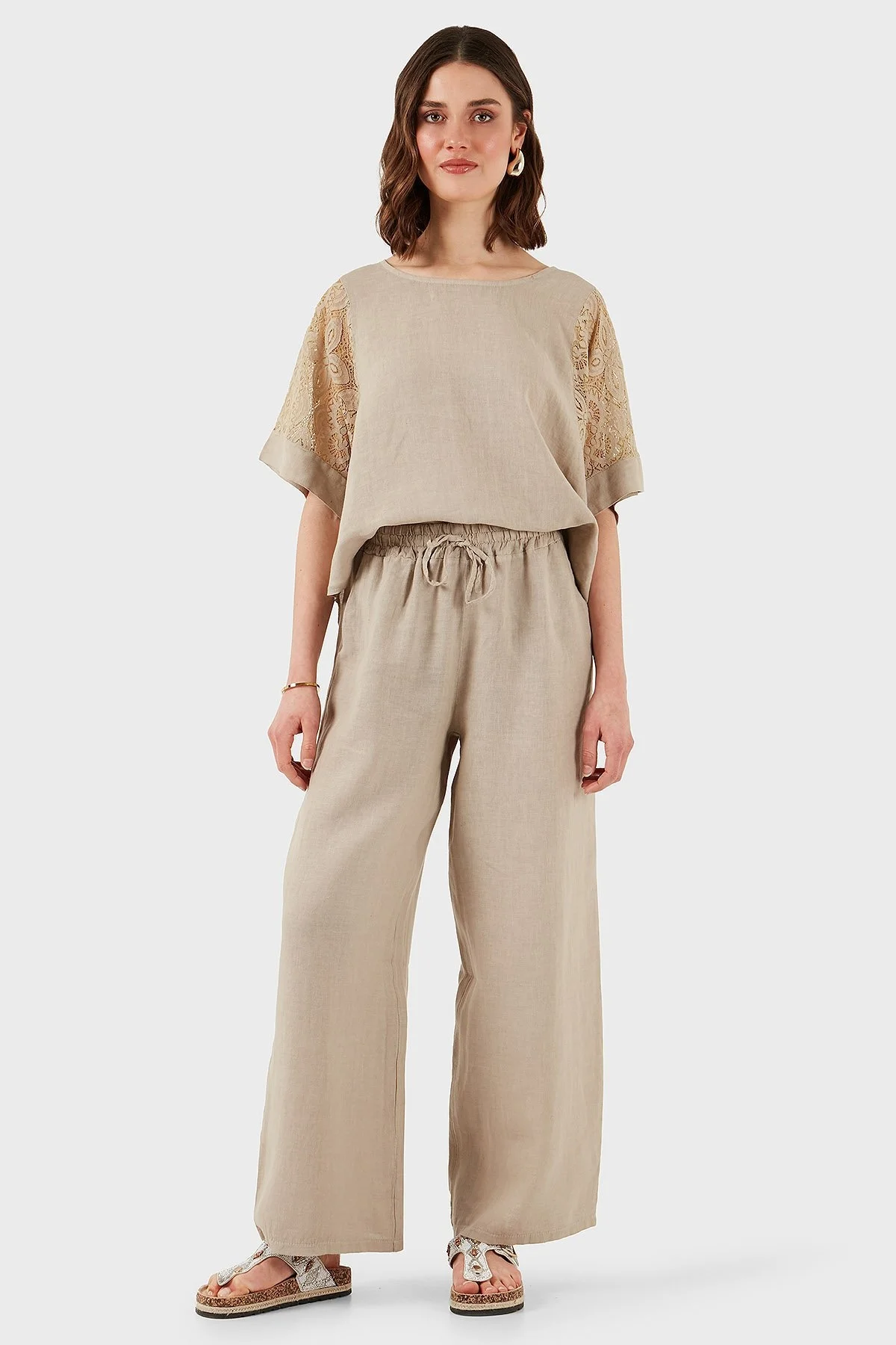 Via Dante Regular Fit Normal Bel Geniş Paça Keten Bayan Pantolon 4998687 TAŞ - 4