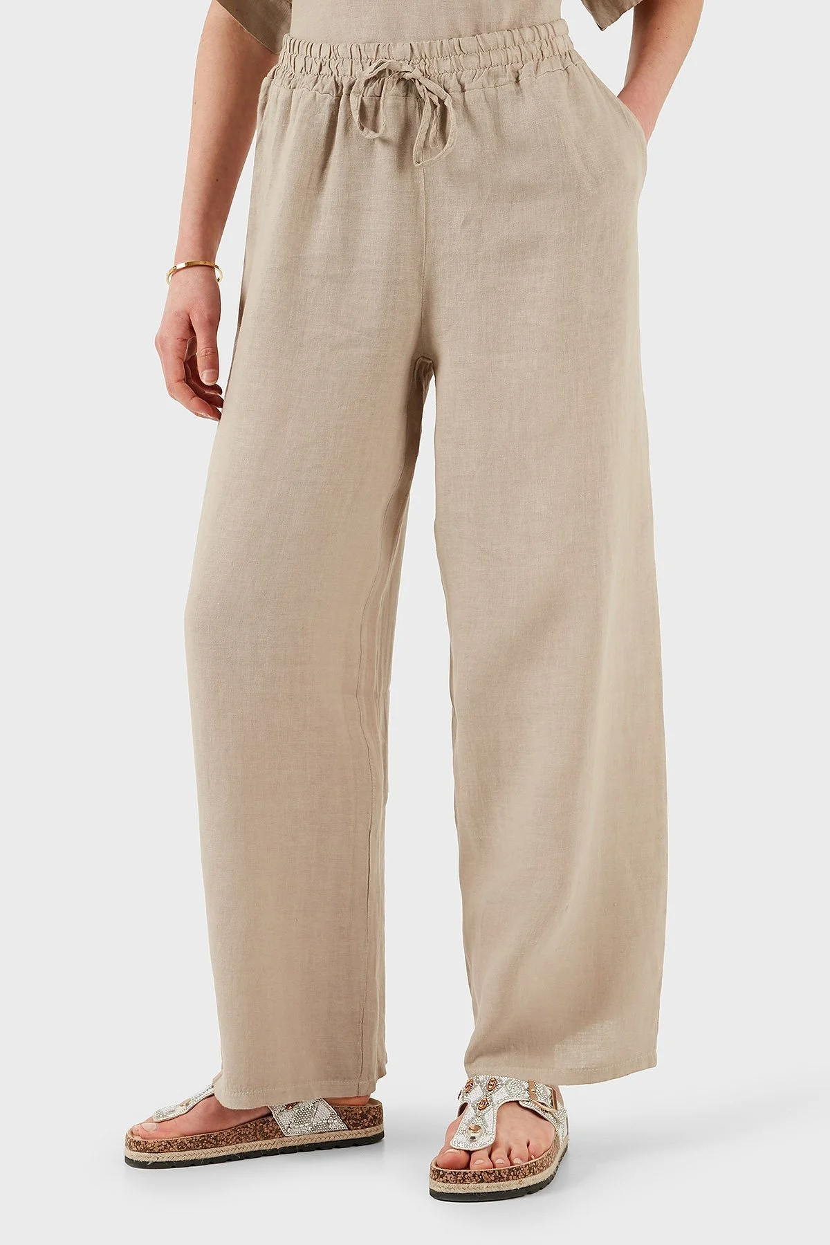 Via Dante Regular Fit Normal Bel Geniş Paça Keten Bayan Pantolon 4998687 TAŞ - 5