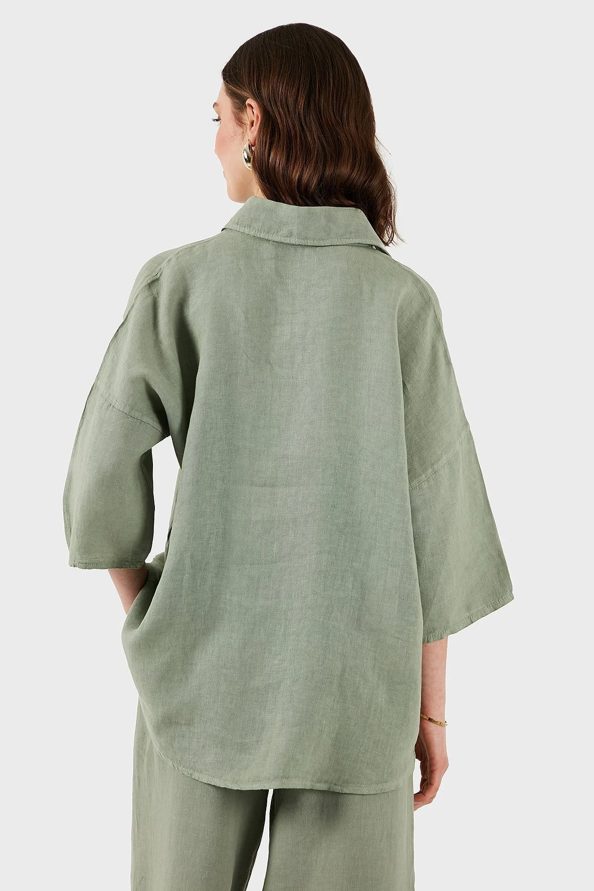 Via Dante Regular Fit Truvakar Kol Düğme Detaylı Keten Bayan Gömlek 6617544 HAKİ - 9