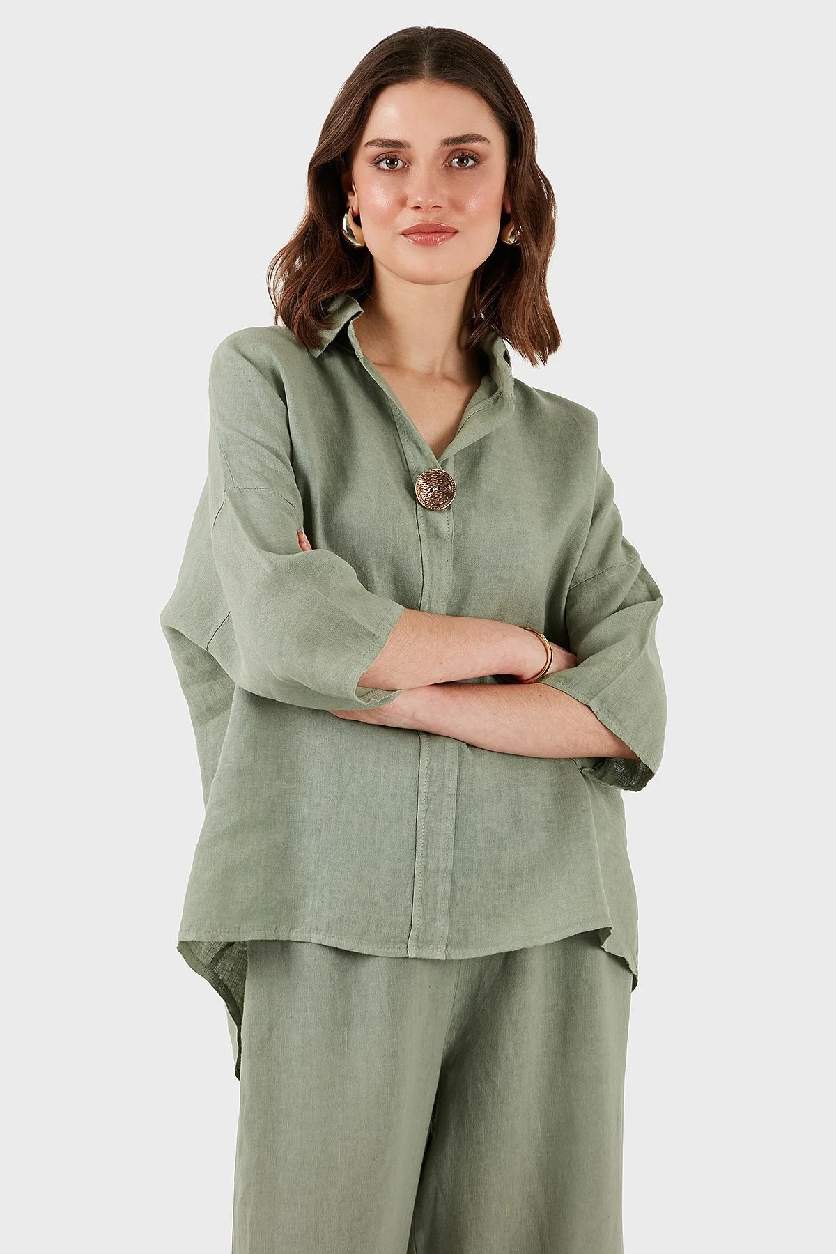 Via Dante Regular Fit Truvakar Kol Düğme Detaylı Keten Bayan Gömlek 6617544 HAKİ - 12