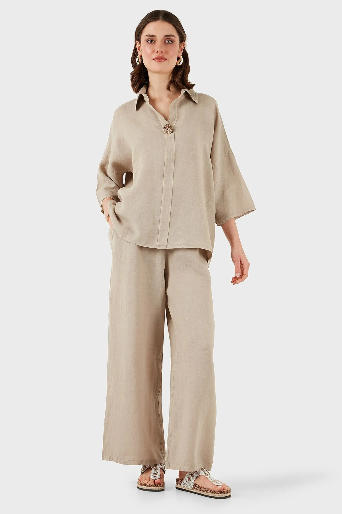 Via Dante Regular Fit Truvakar Kol Düğme Detaylı Keten Bayan Gömlek 6617687 TAŞ - 4