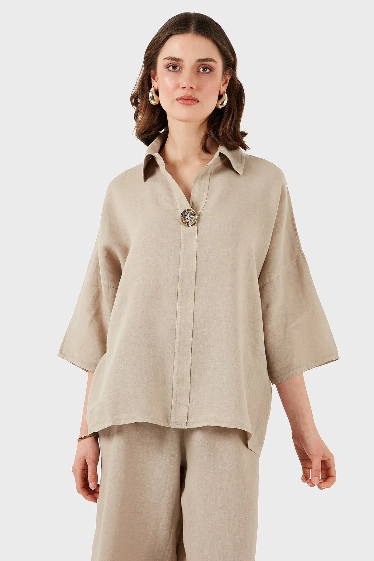 Via Dante Regular Fit Truvakar Kol Düğme Detaylı Keten Bayan Gömlek 6617687 TAŞ - 5