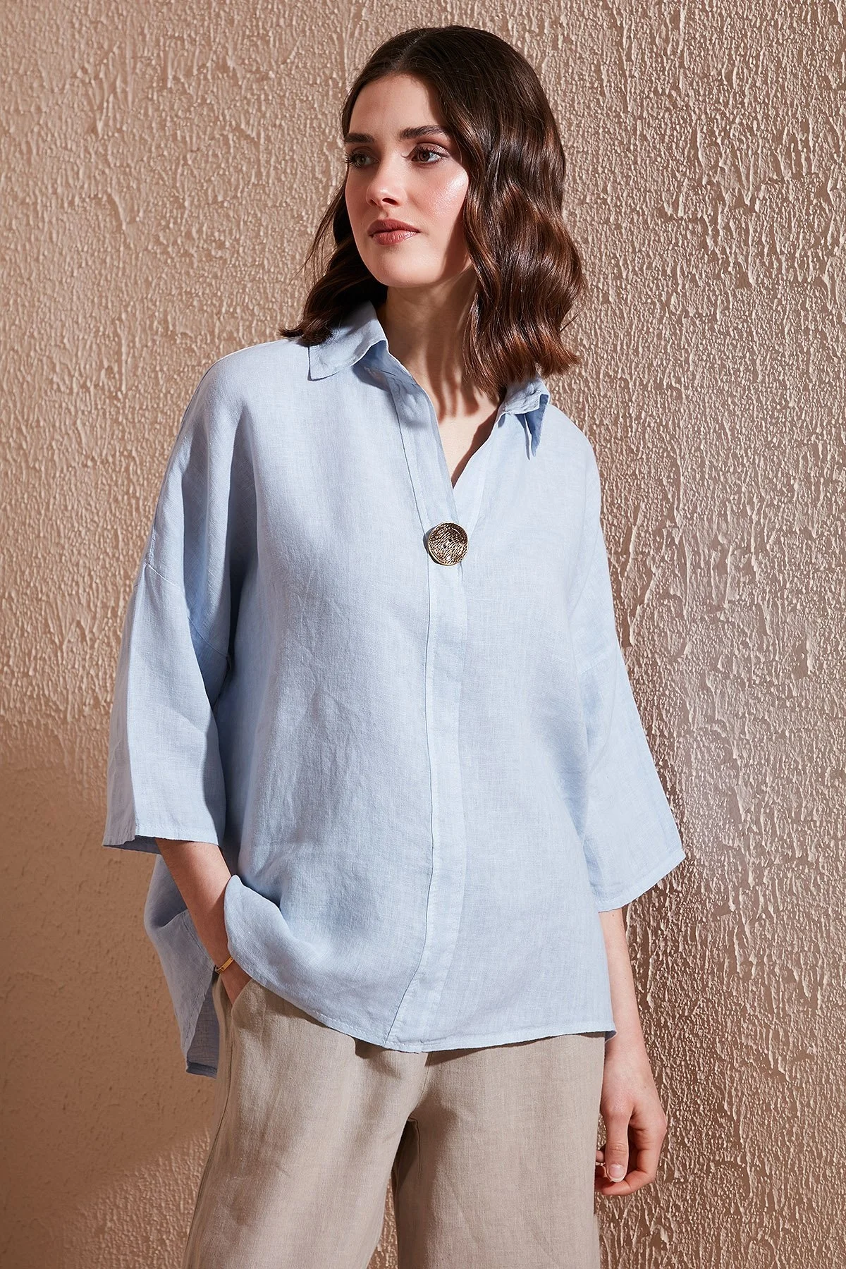 Via Dante Regular Fit Truvakar Kol Düğme Detaylı Keten Bayan Gömlek 6617690 AÇIK MAVİ - 7