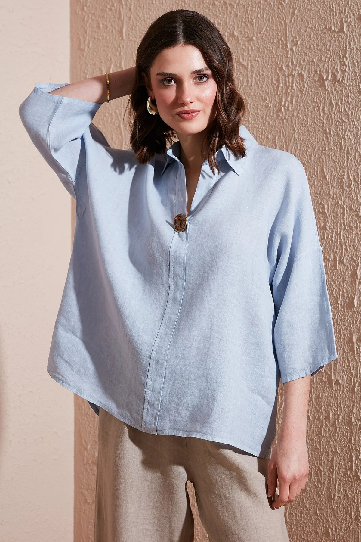 Via Dante Regular Fit Truvakar Kol Düğme Detaylı Keten Bayan Gömlek 6617690 AÇIK MAVİ - 8