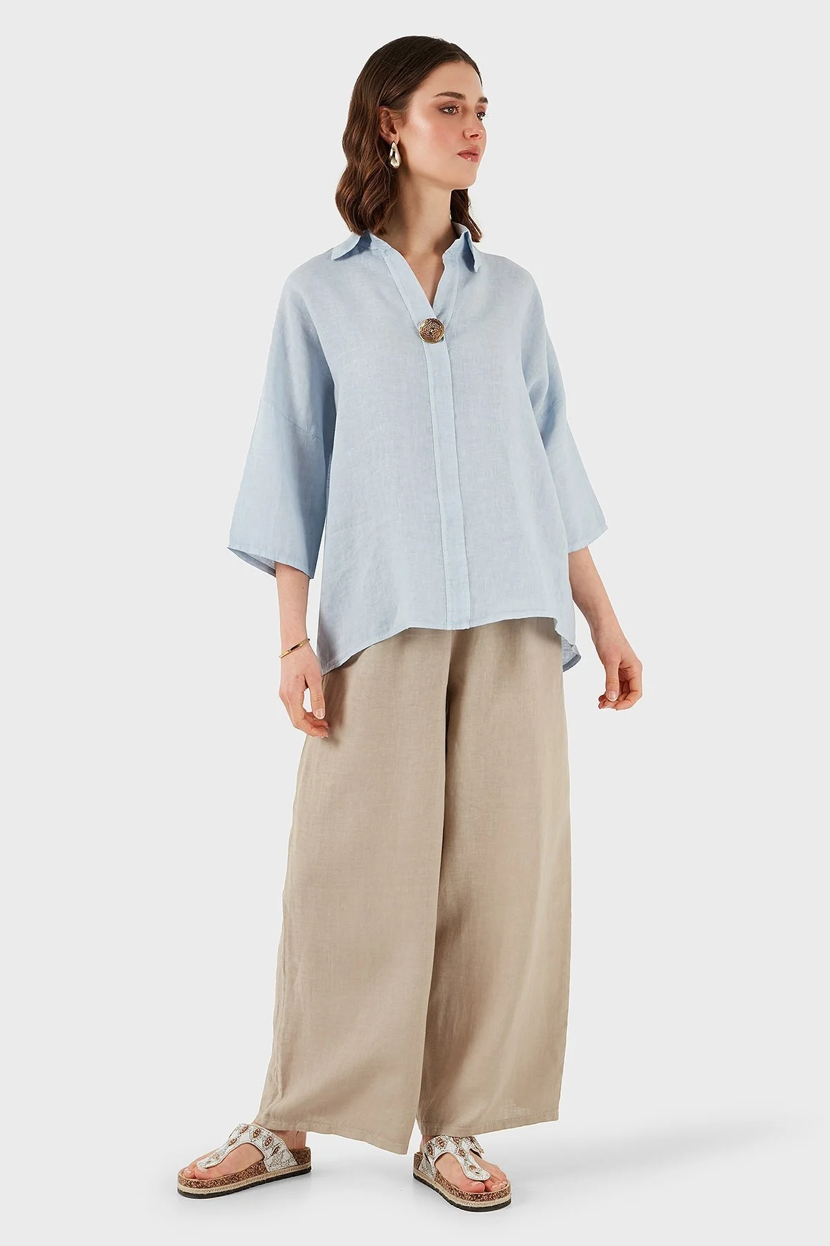 Via Dante Regular Fit Truvakar Kol Düğme Detaylı Keten Bayan Gömlek 6617690 AÇIK MAVİ - 10