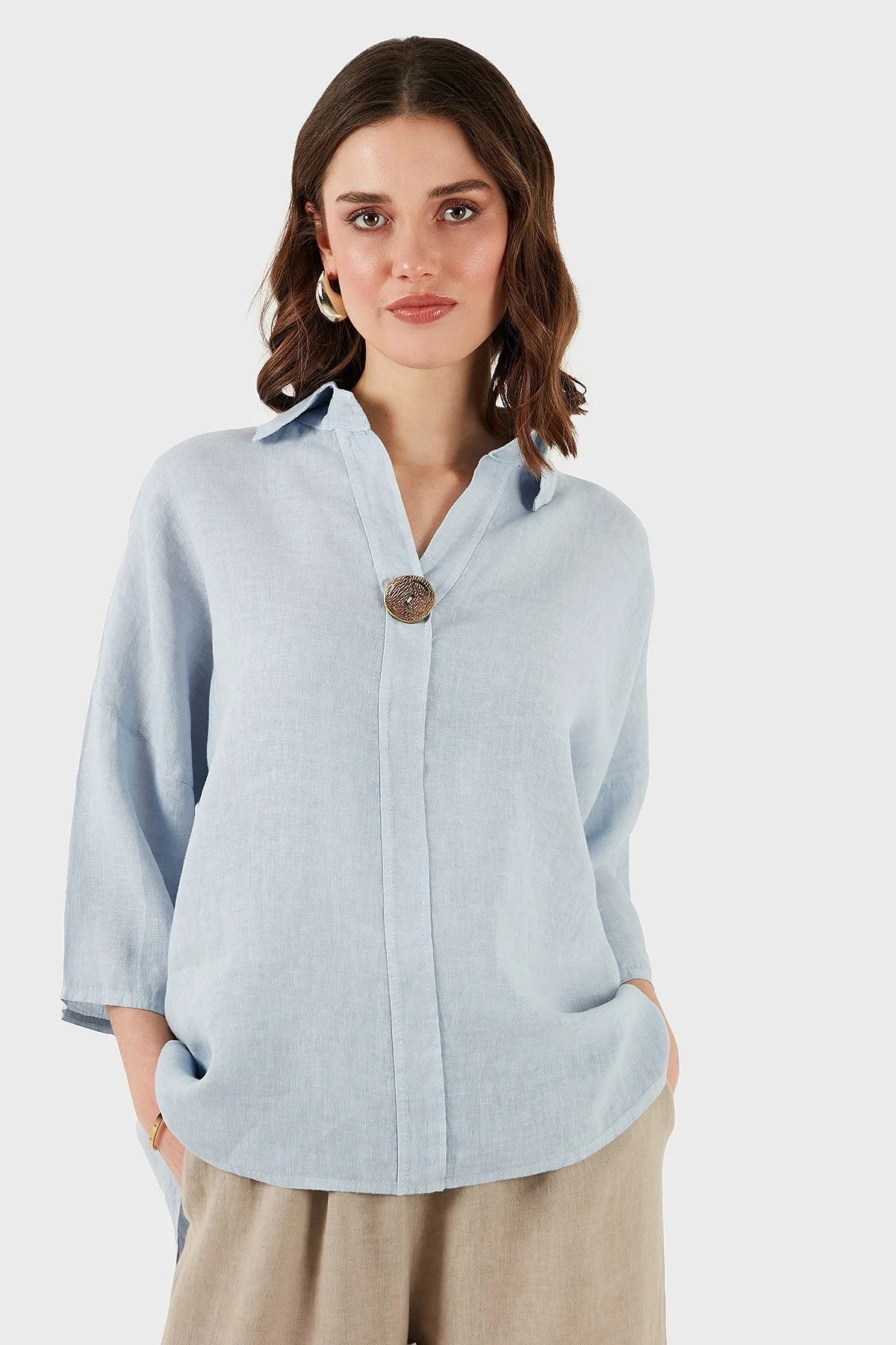 Via Dante Regular Fit Truvakar Kol Düğme Detaylı Keten Bayan Gömlek 6617690 AÇIK MAVİ - 11