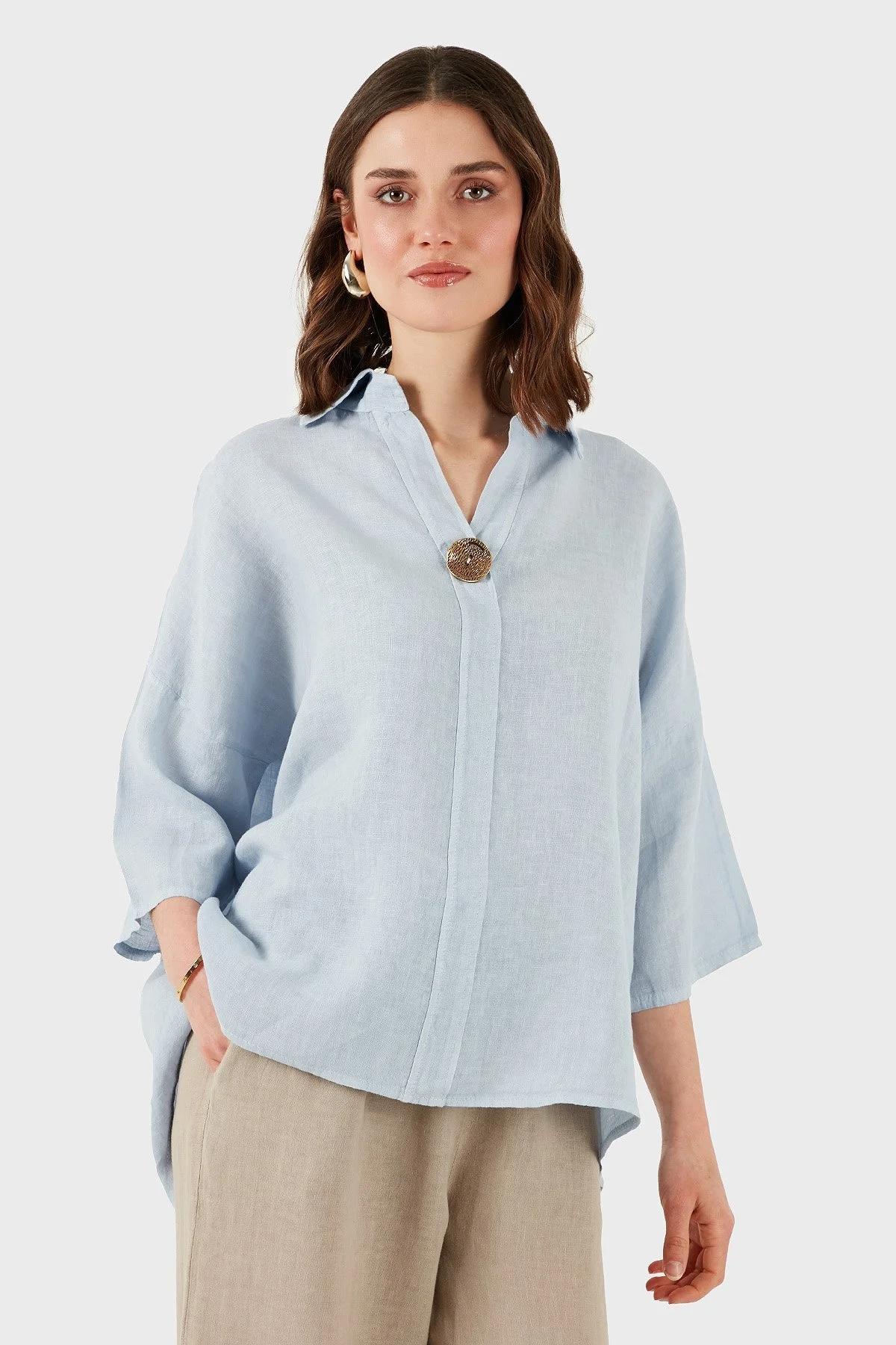 Via Dante Regular Fit Truvakar Kol Düğme Detaylı Keten Bayan Gömlek 6617690 AÇIK MAVİ - 12