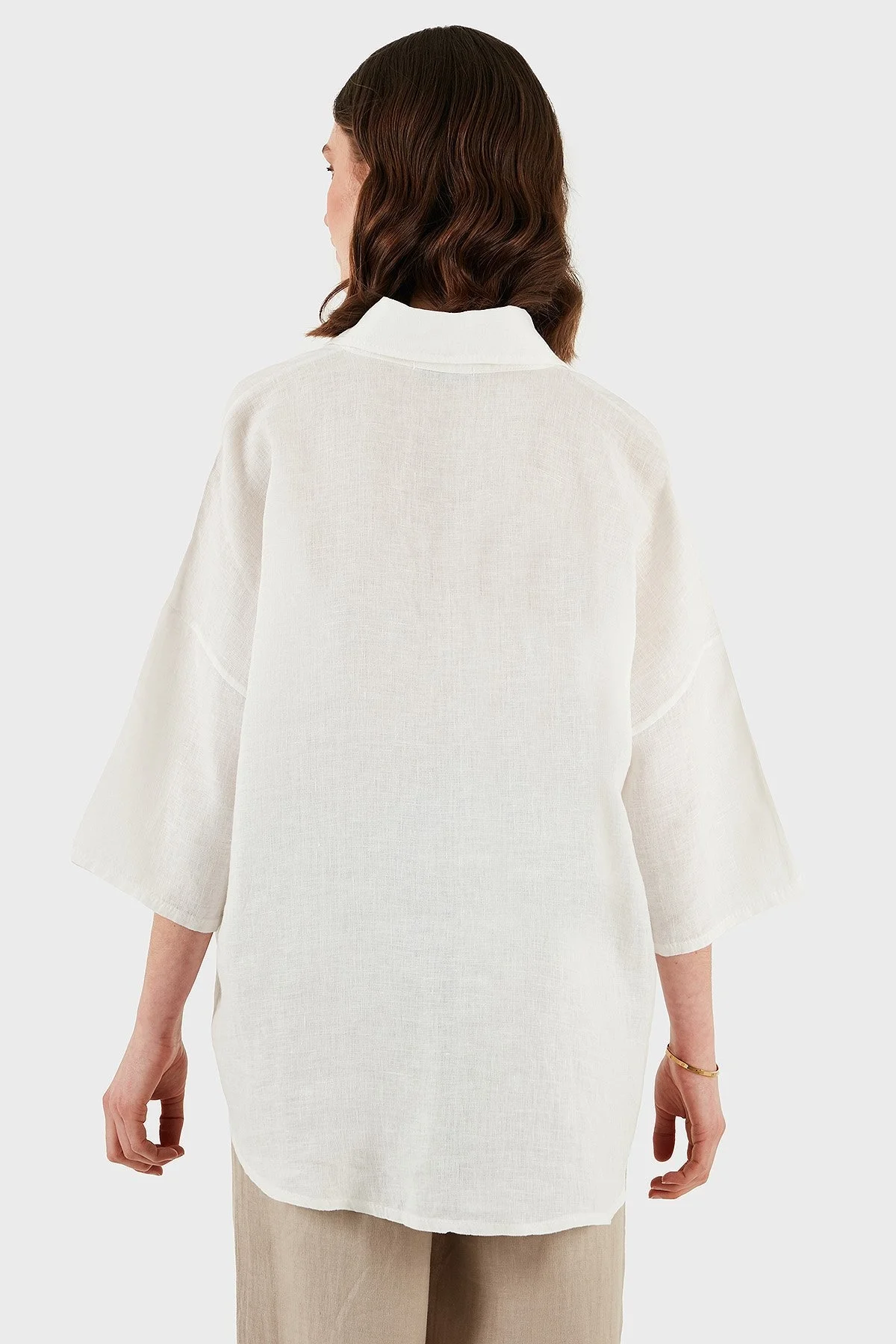 Via Dante Regular Fit Truvakar Kol Düğme Detaylı Keten Bayan Gömlek 6617714 EKRU - 3