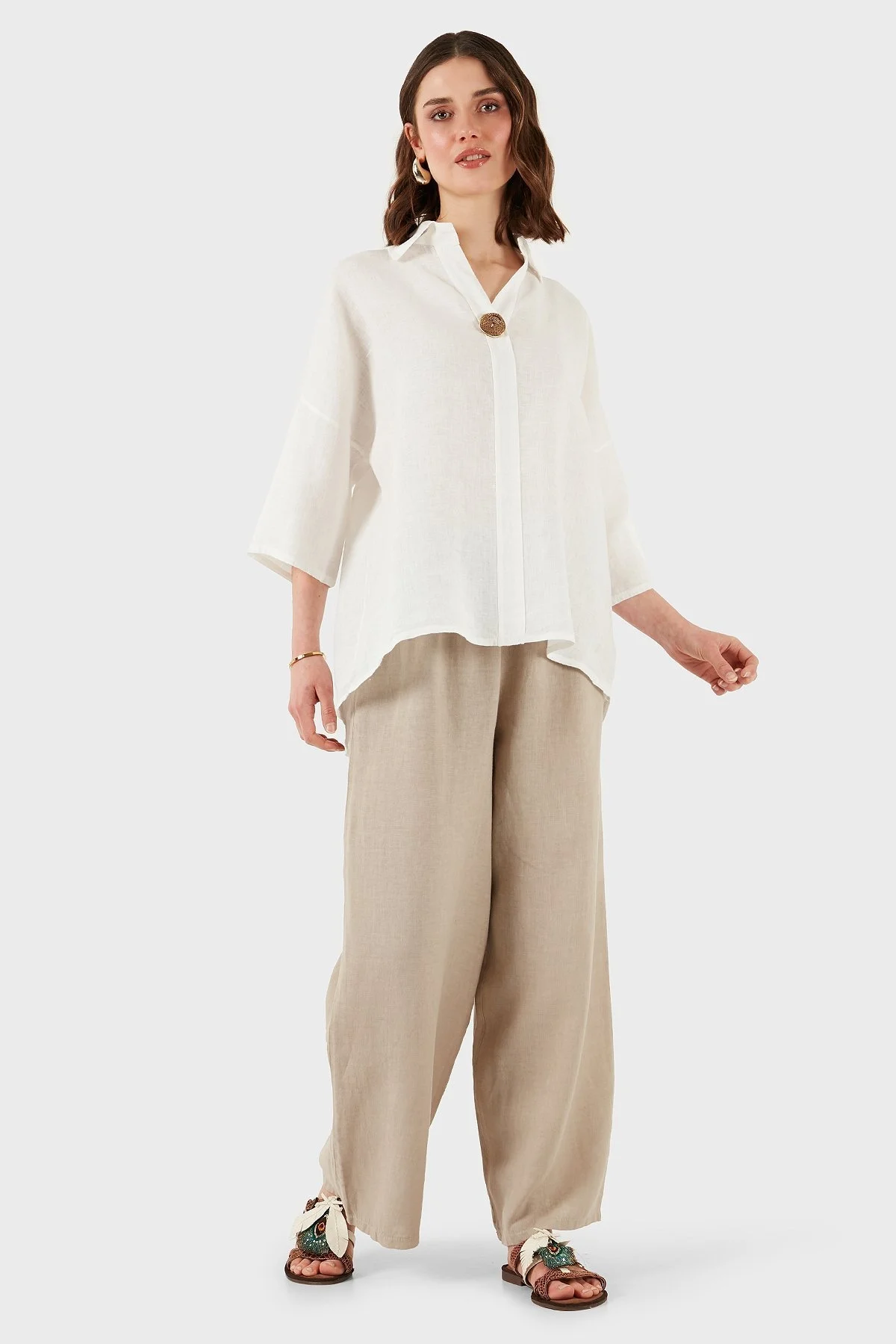 Via Dante Regular Fit Truvakar Kol Düğme Detaylı Keten Bayan Gömlek 6617714 EKRU - 4