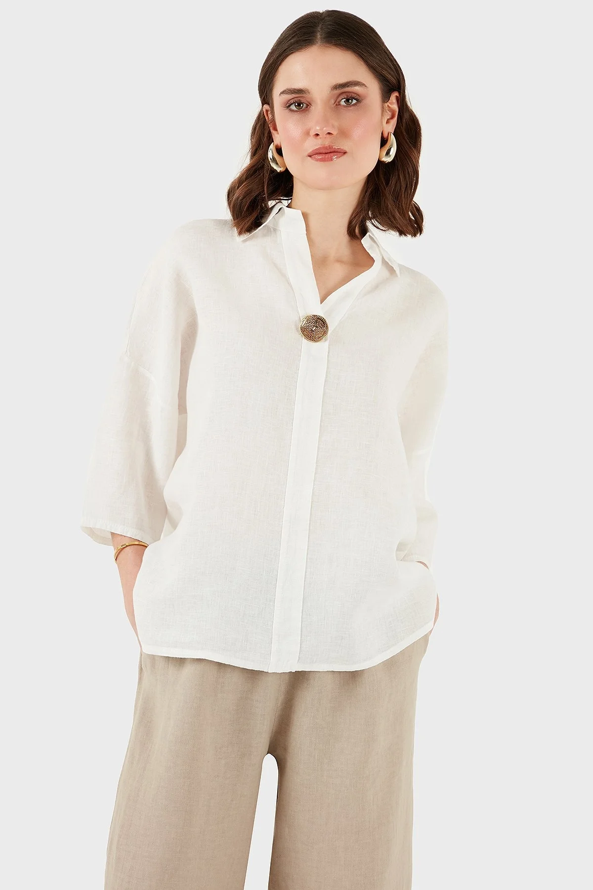 Via Dante Regular Fit Truvakar Kol Düğme Detaylı Keten Bayan Gömlek 6617714 EKRU - 5