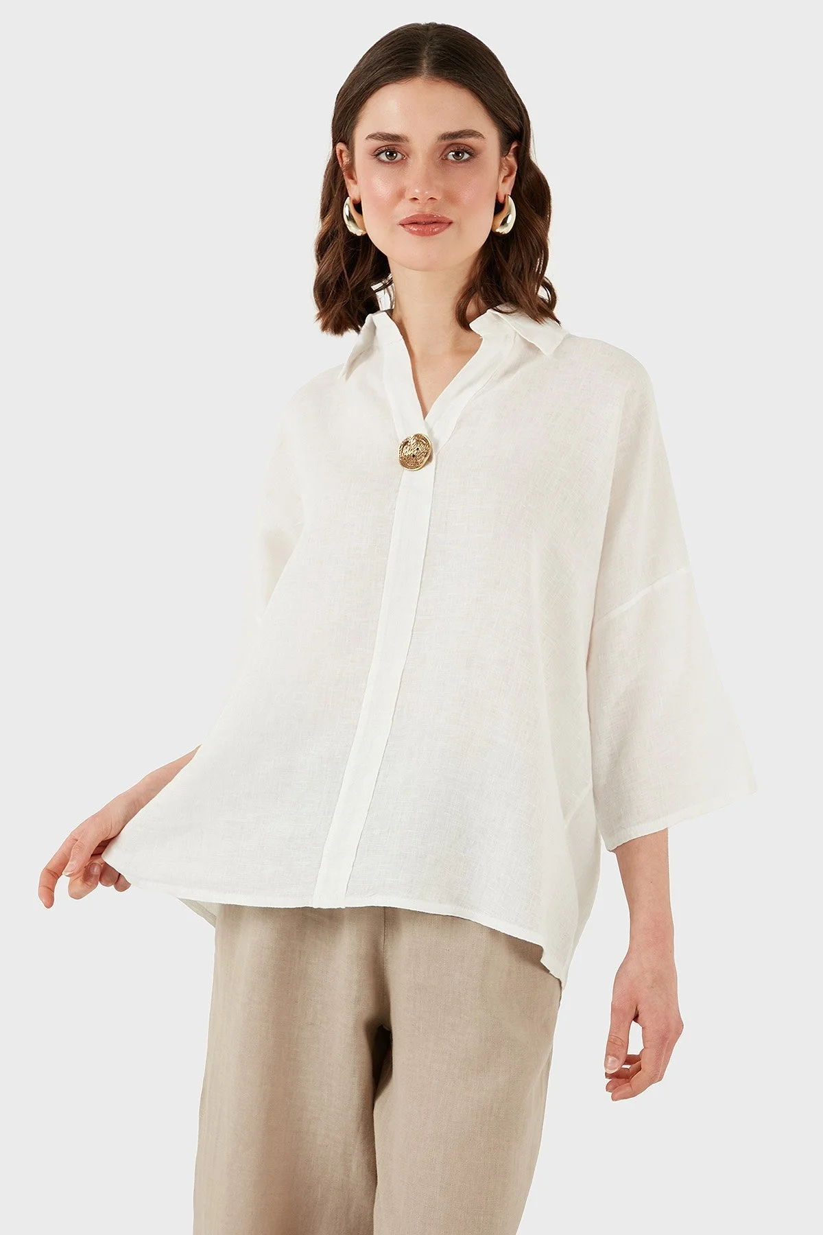 Via Dante Regular Fit Truvakar Kol Düğme Detaylı Keten Bayan Gömlek 6617714 EKRU - 7