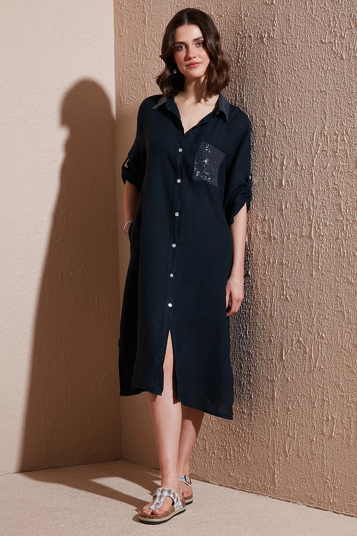 Via Dante Regular Fit Truvakar Kol Midi Keten Bayan Elbise 6689194 LACİVERT - 1