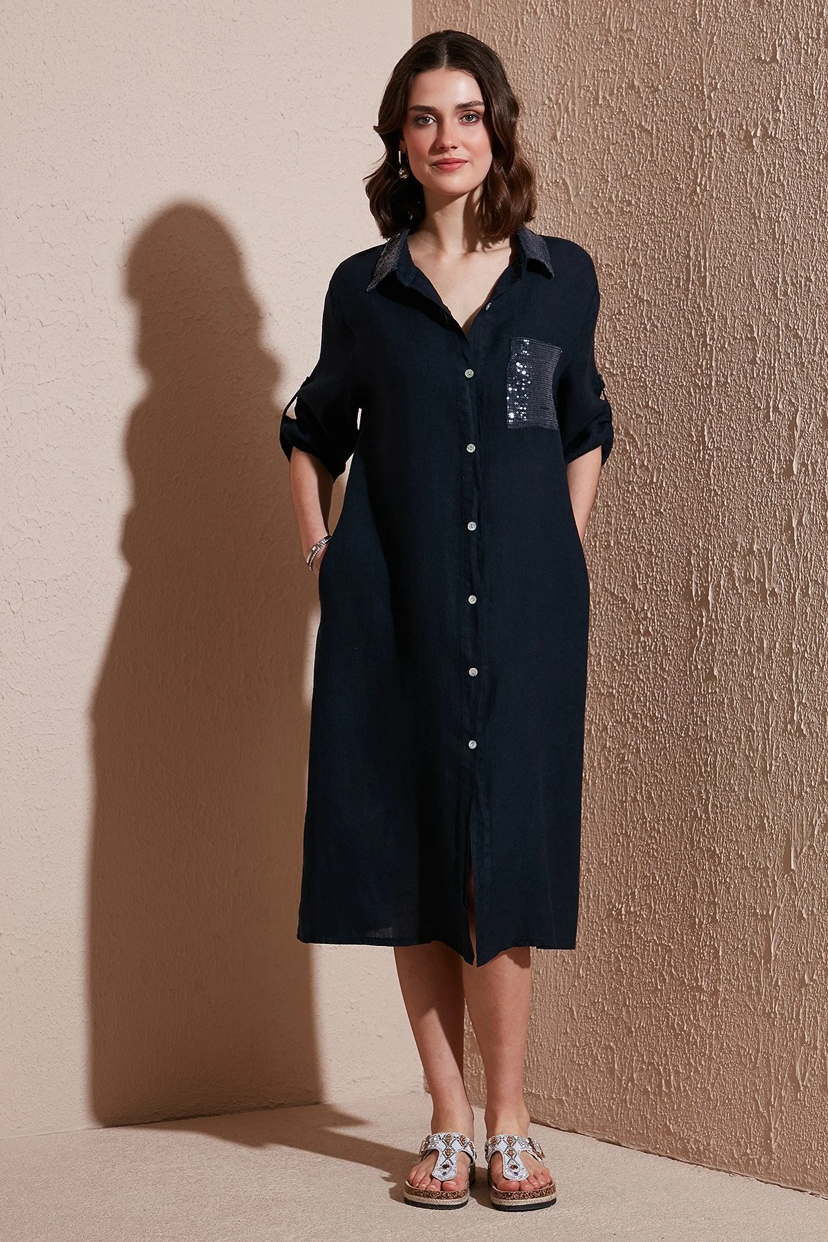 Via Dante Regular Fit Truvakar Kol Midi Keten Bayan Elbise 6689194 LACİVERT - 2