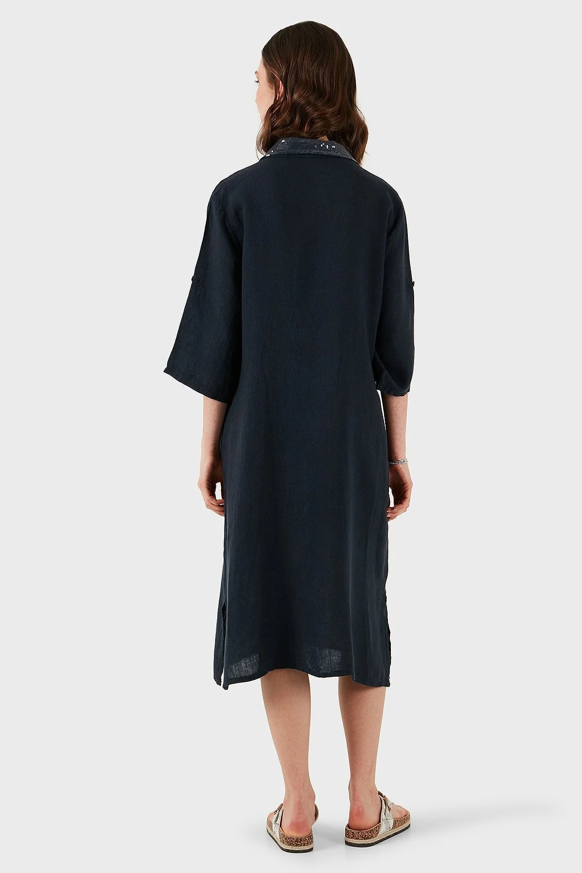 Via Dante Regular Fit Truvakar Kol Midi Keten Bayan Elbise 6689194 LACİVERT - 3