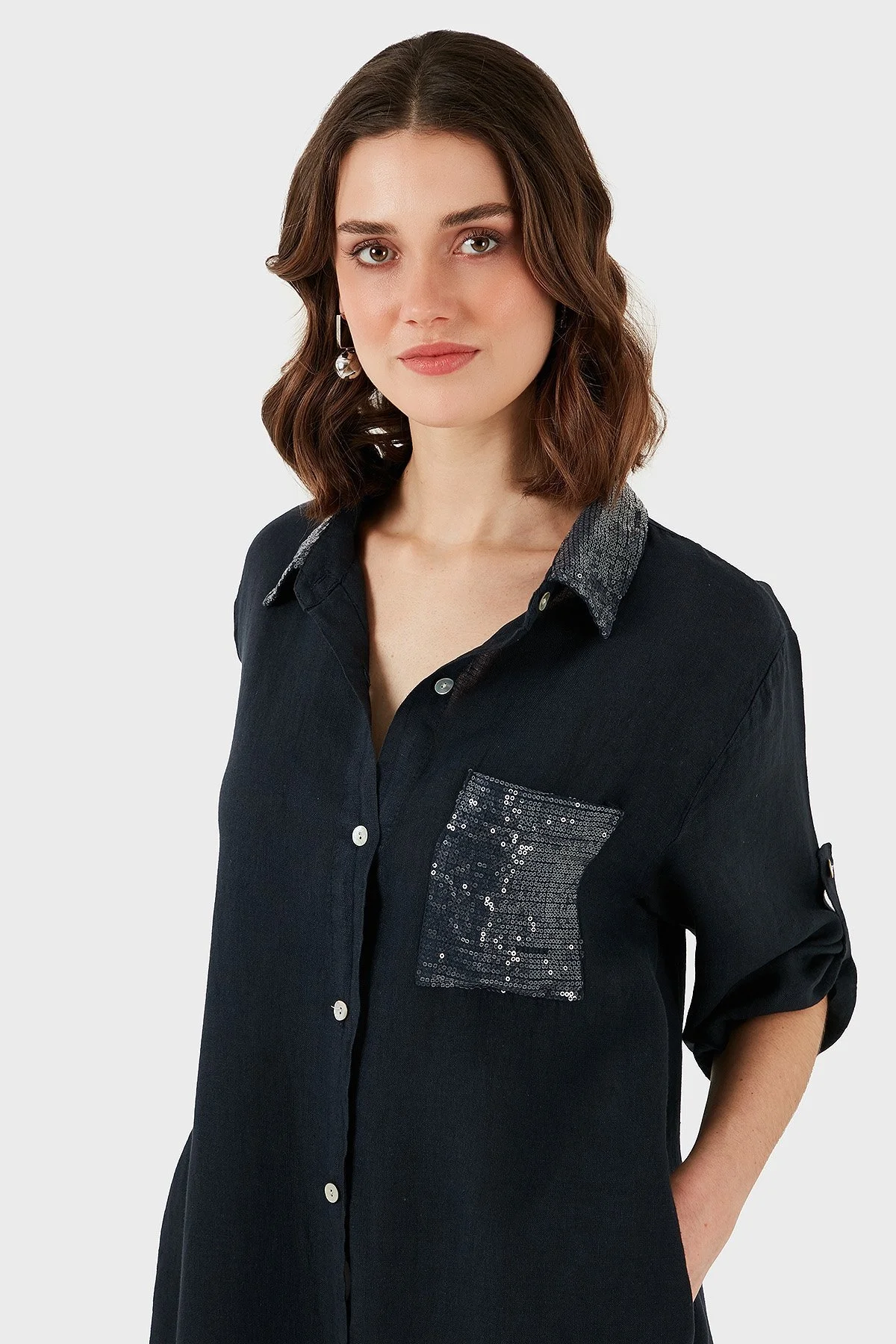 Via Dante Regular Fit Truvakar Kol Midi Keten Bayan Elbise 6689194 LACİVERT - 4