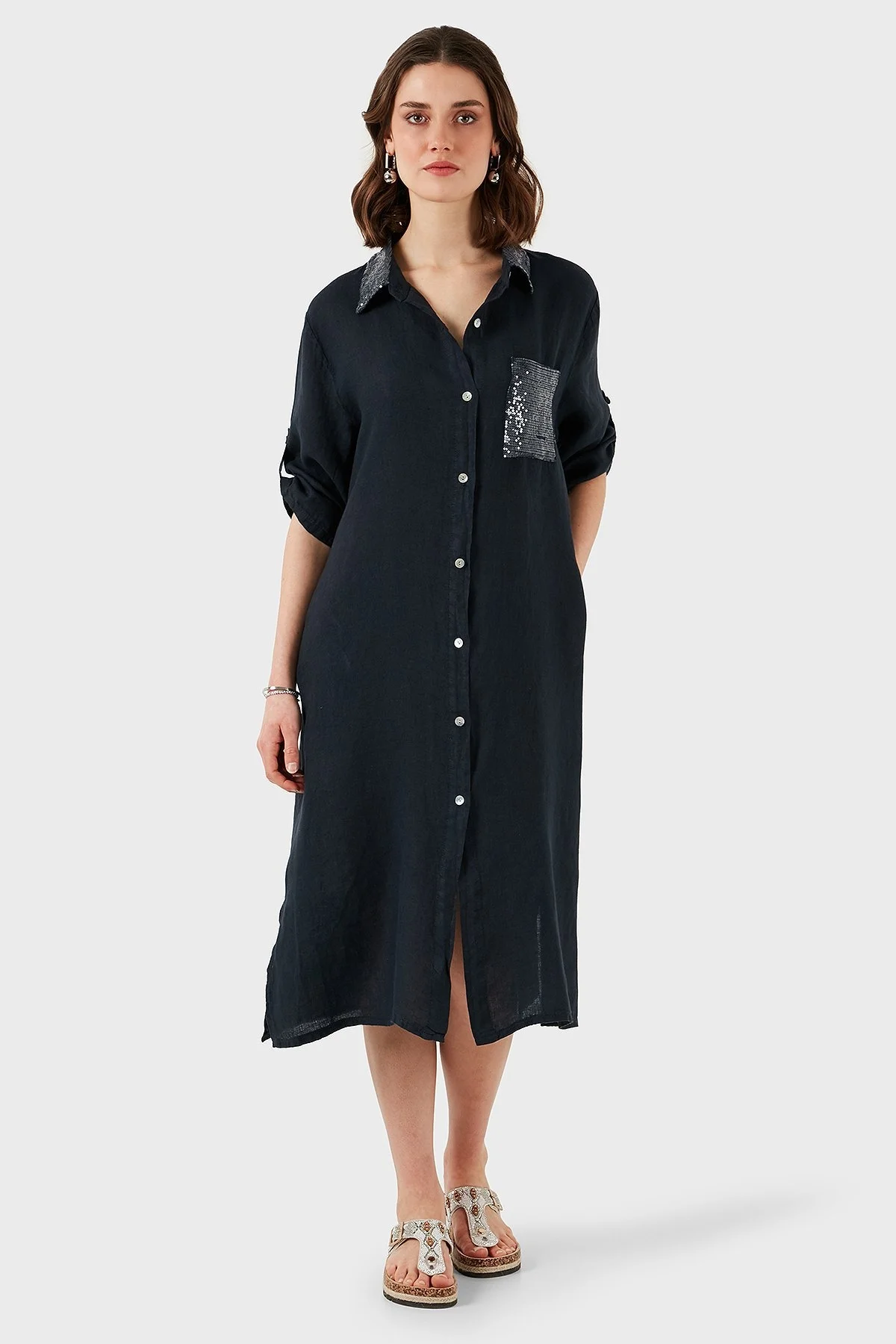 Via Dante Regular Fit Truvakar Kol Midi Keten Bayan Elbise 6689194 LACİVERT - 5