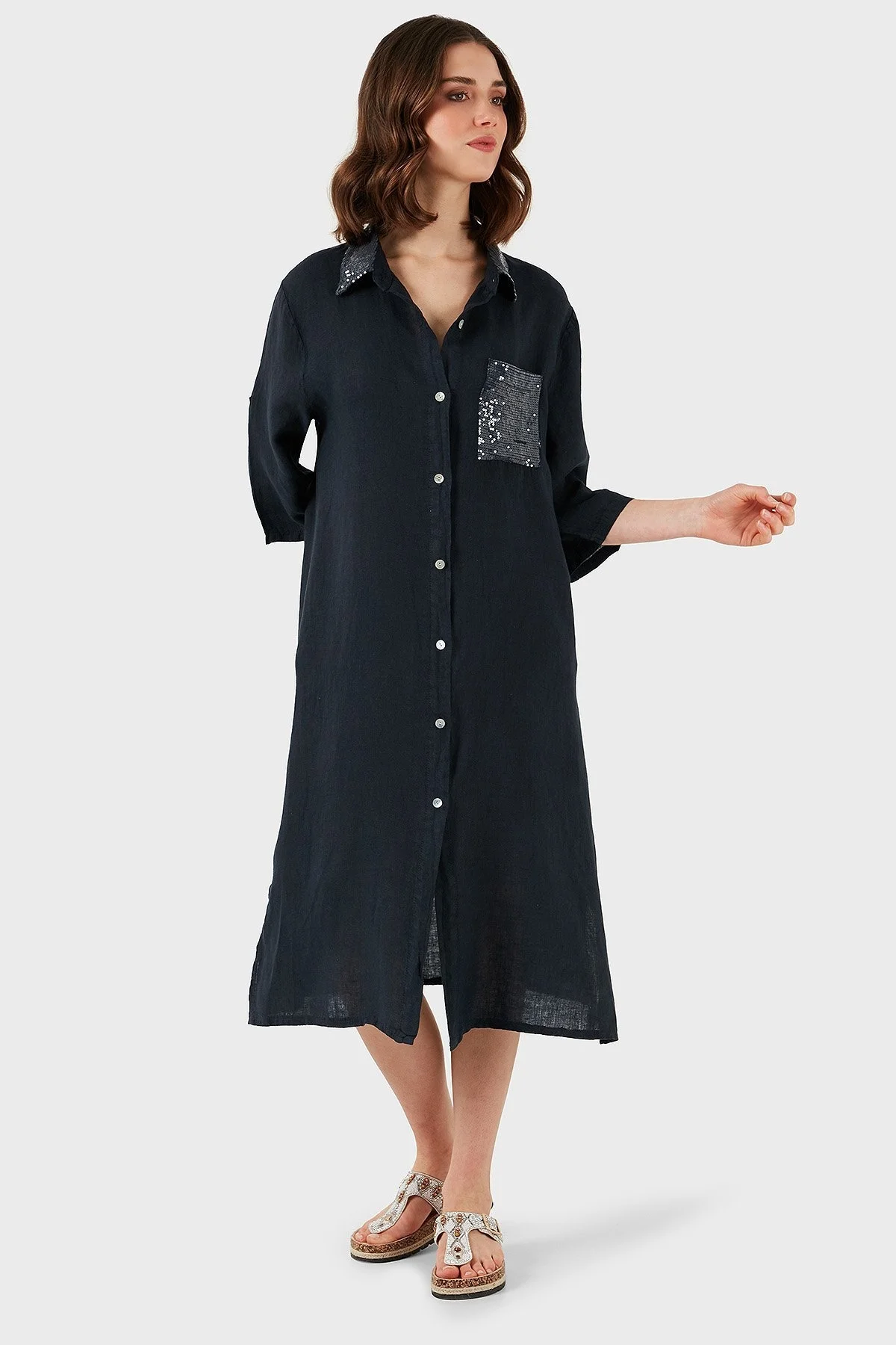 Via Dante Regular Fit Truvakar Kol Midi Keten Bayan Elbise 6689194 LACİVERT - 7