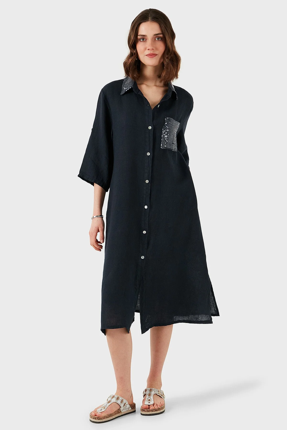 Via Dante Regular Fit Truvakar Kol Midi Keten Kadın Elbise 6689194 LACİVERT - 6