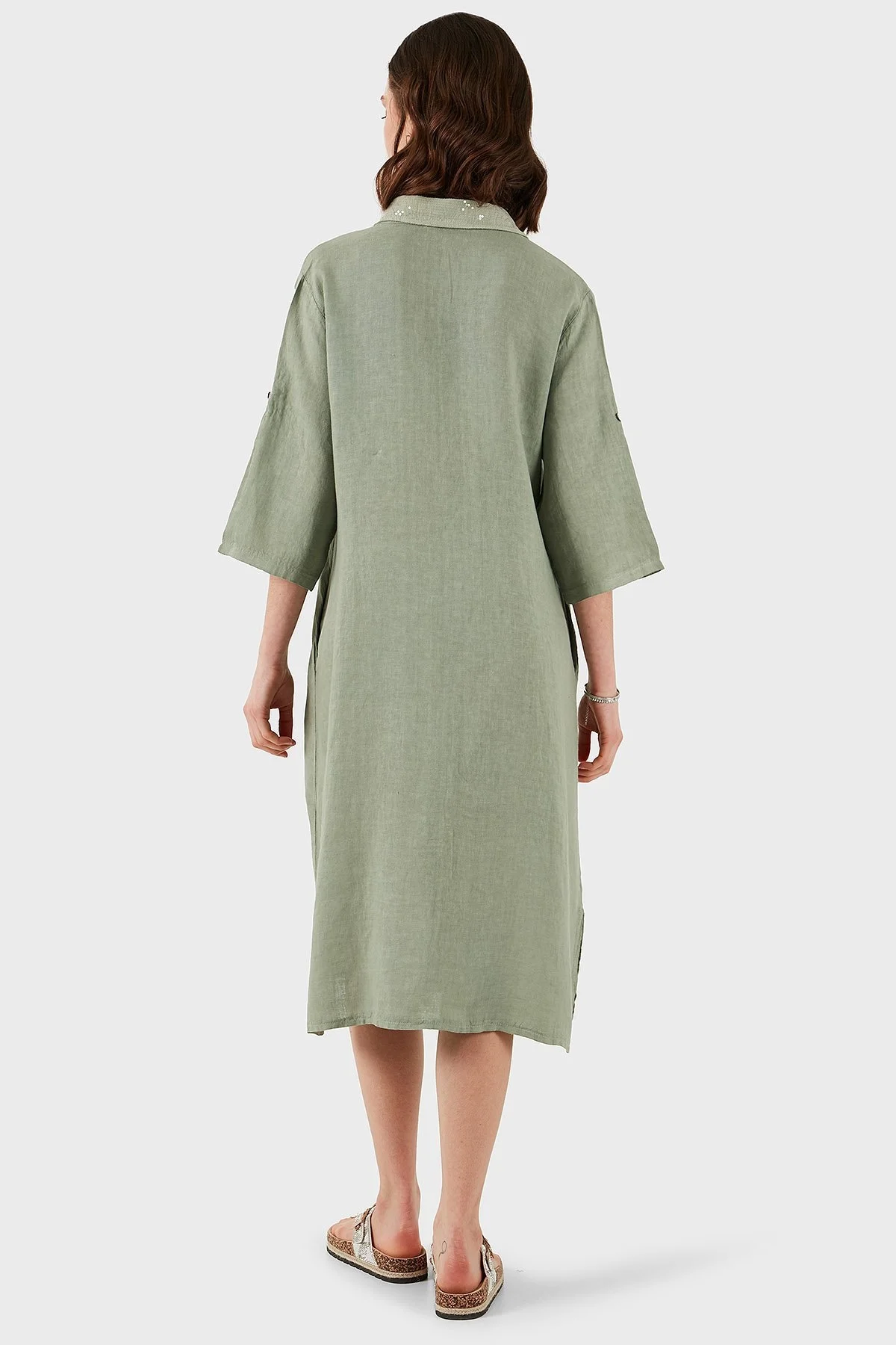 Via Dante Regular Fit Truvakar Kol Midi Keten Bayan Elbise 6689544 HAKİ - 3