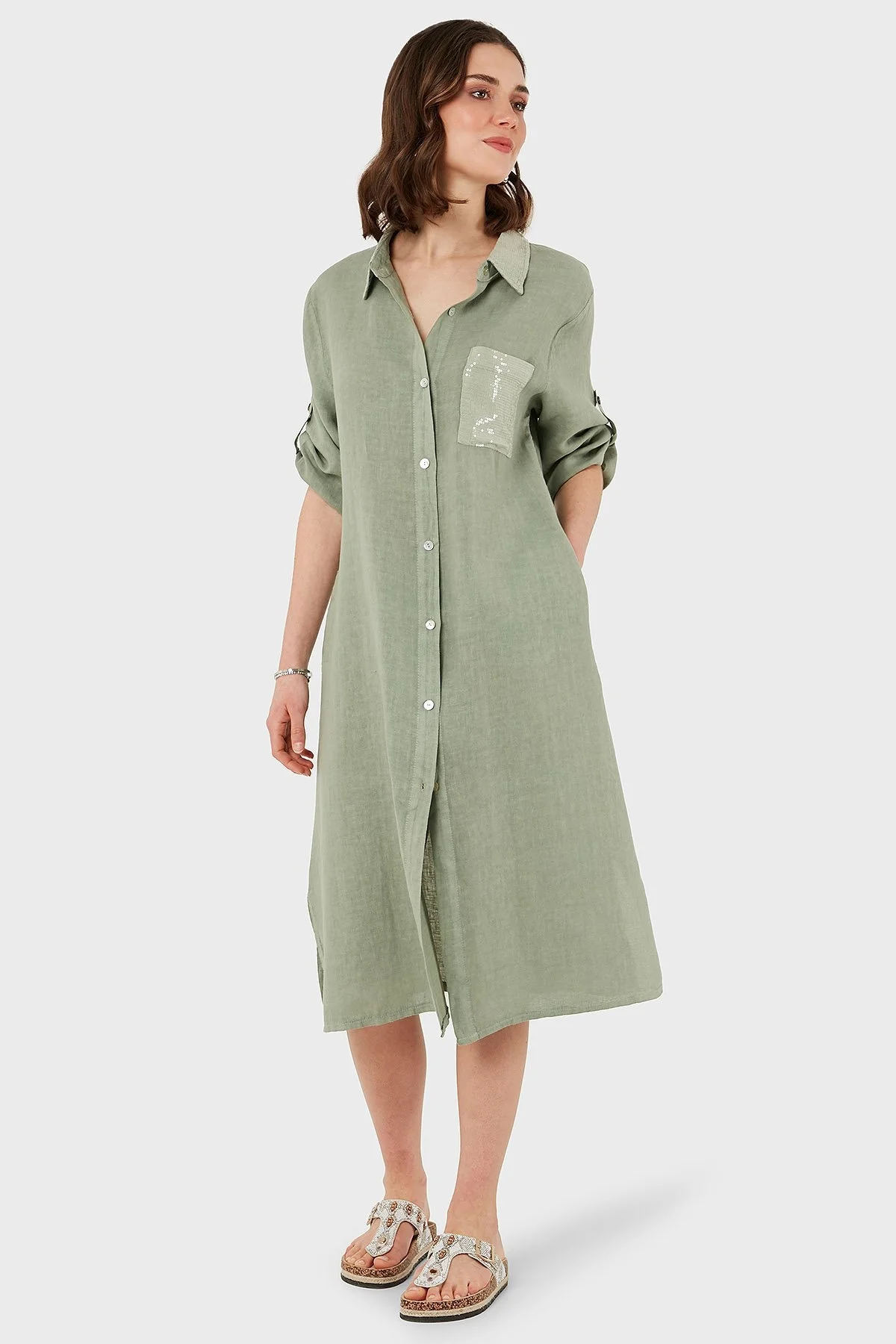 Via Dante Regular Fit Truvakar Kol Midi Keten Bayan Elbise 6689544 HAKİ - 4