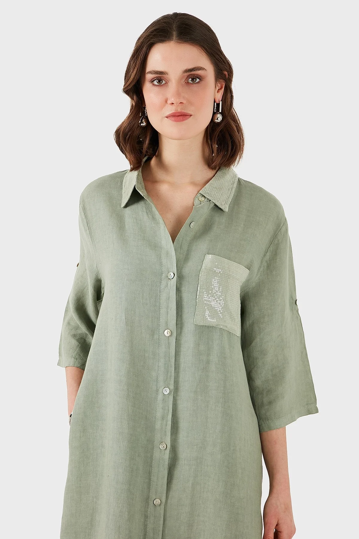 Via Dante Regular Fit Truvakar Kol Midi Keten Bayan Elbise 6689544 HAKİ - 5