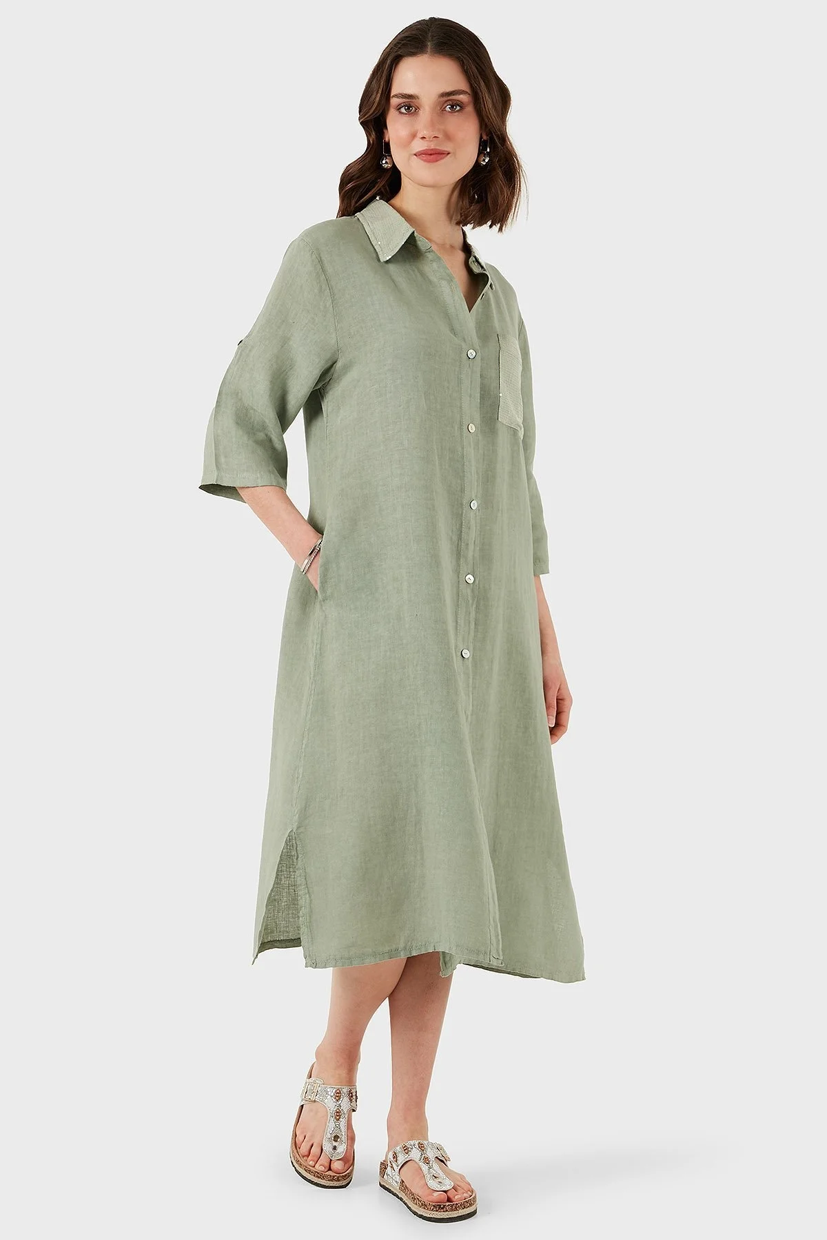 Via Dante Regular Fit Truvakar Kol Midi Keten Bayan Elbise 6689544 HAKİ - 6