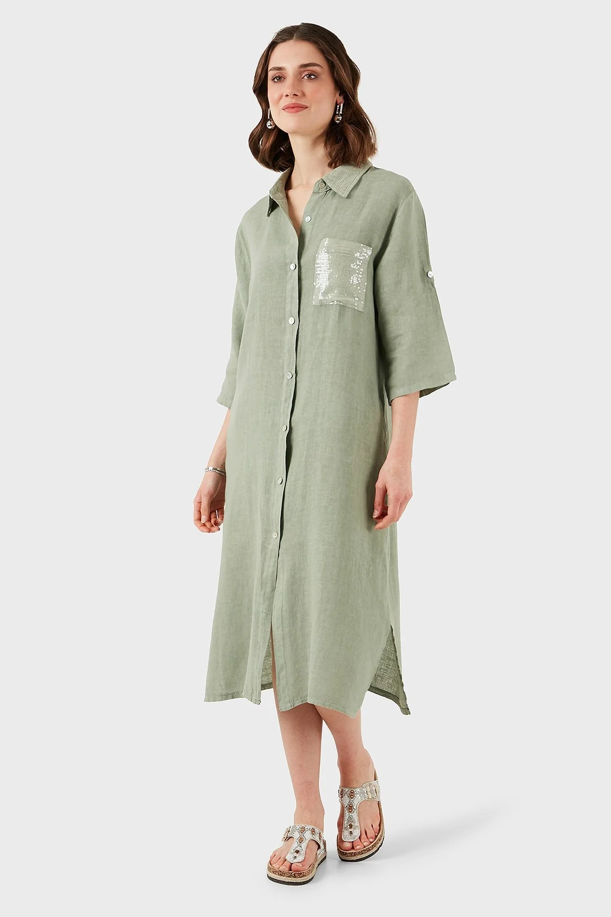 Via Dante Regular Fit Truvakar Kol Midi Keten Bayan Elbise 6689544 HAKİ - 7