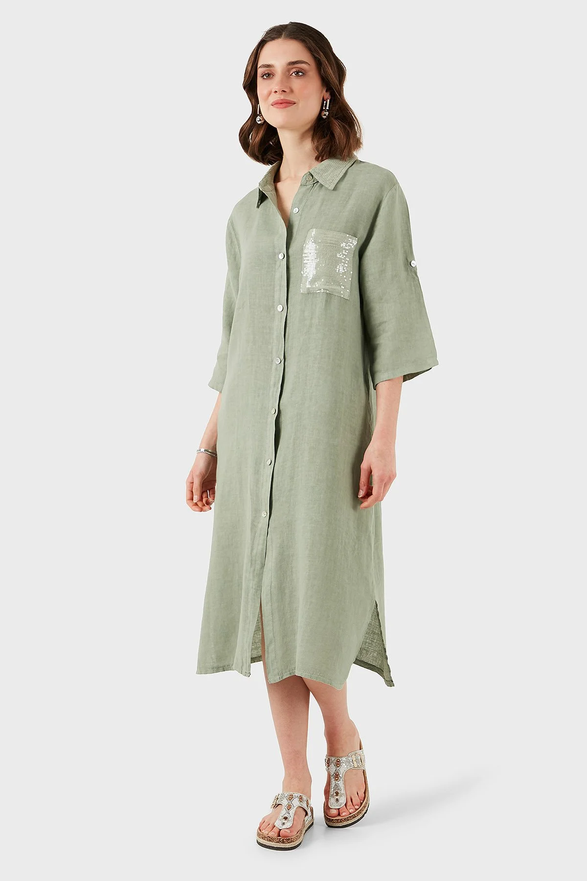 Via Dante Regular Fit Truvakar Kol Midi Keten Kadın Elbise 6689544 HAKİ - 7