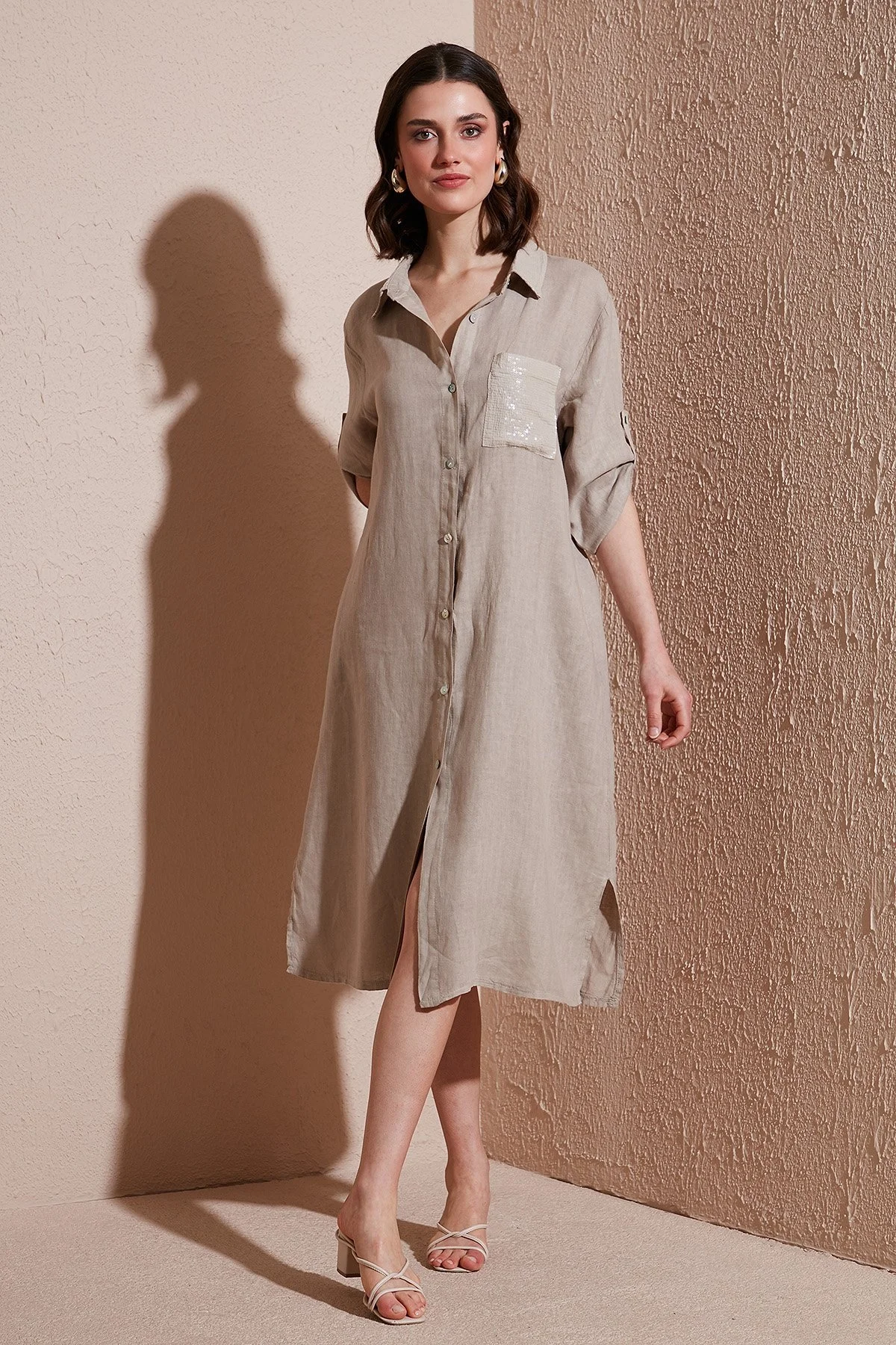 Via Dante Regular Fit Truvakar Kol Midi Keten Bayan Elbise 6689687 TAŞ - 1