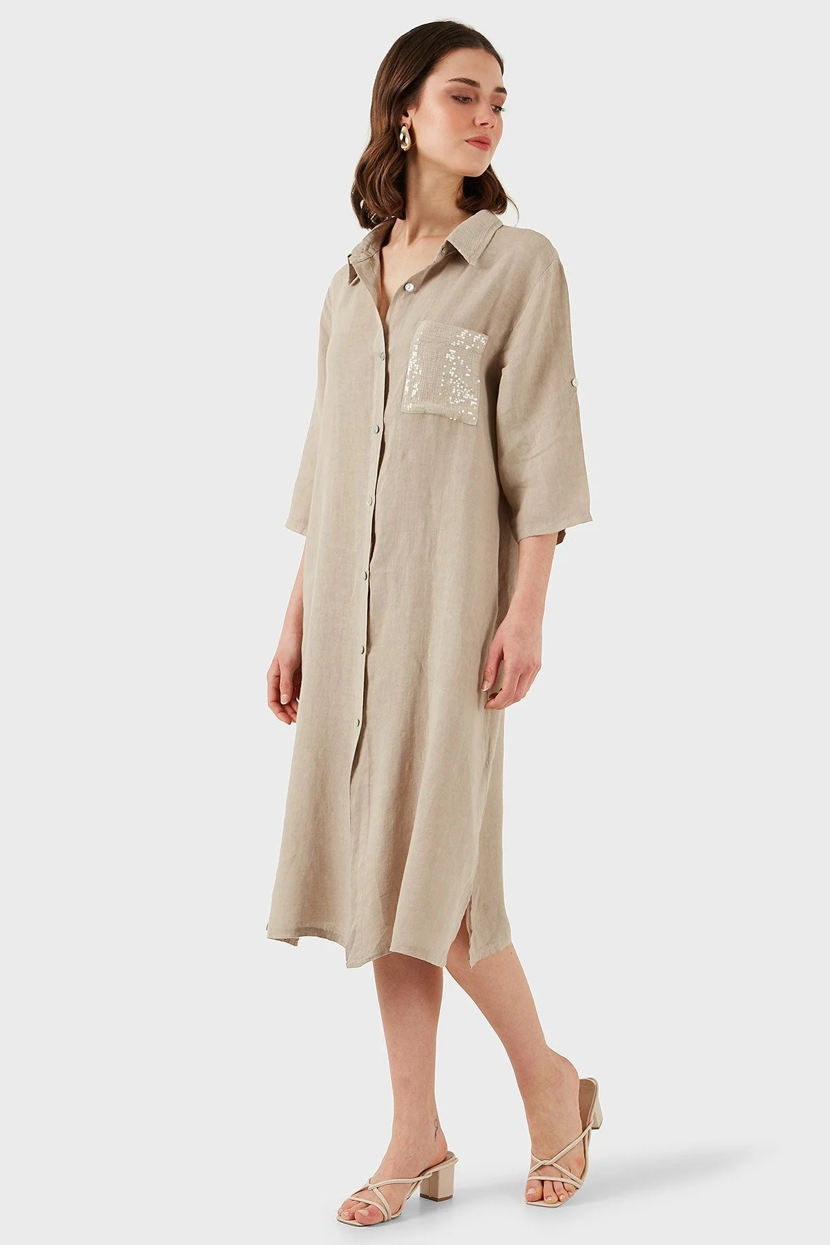 Via Dante Regular Fit Truvakar Kol Midi Keten Bayan Elbise 6689687 TAŞ - 6