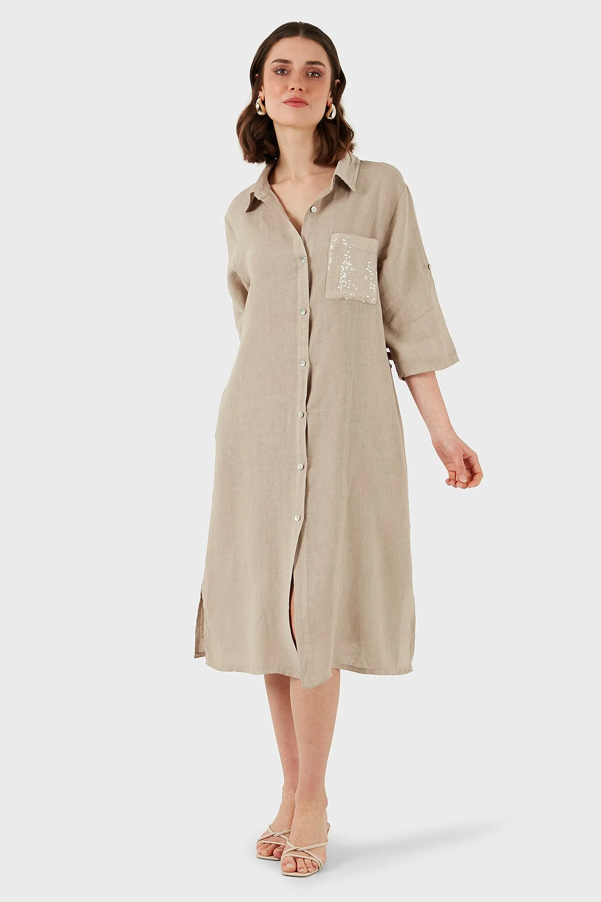 Via Dante Regular Fit Truvakar Kol Midi Keten Kadın Elbise 6689687 TAŞ - 7