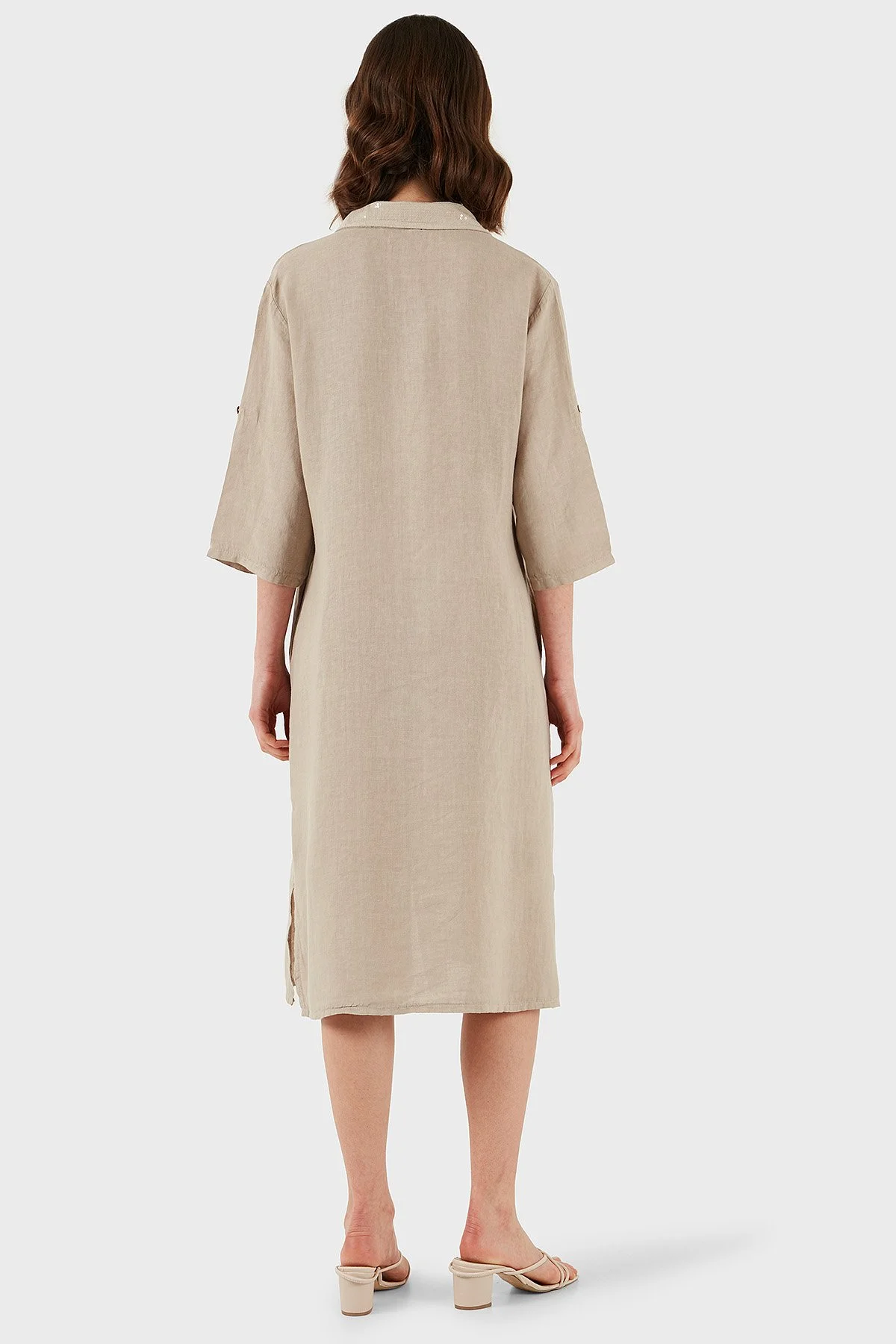 Via Dante Regular Fit Truvakar Kol Midi Keten Kadın Elbise 6689687 TAŞ - 3