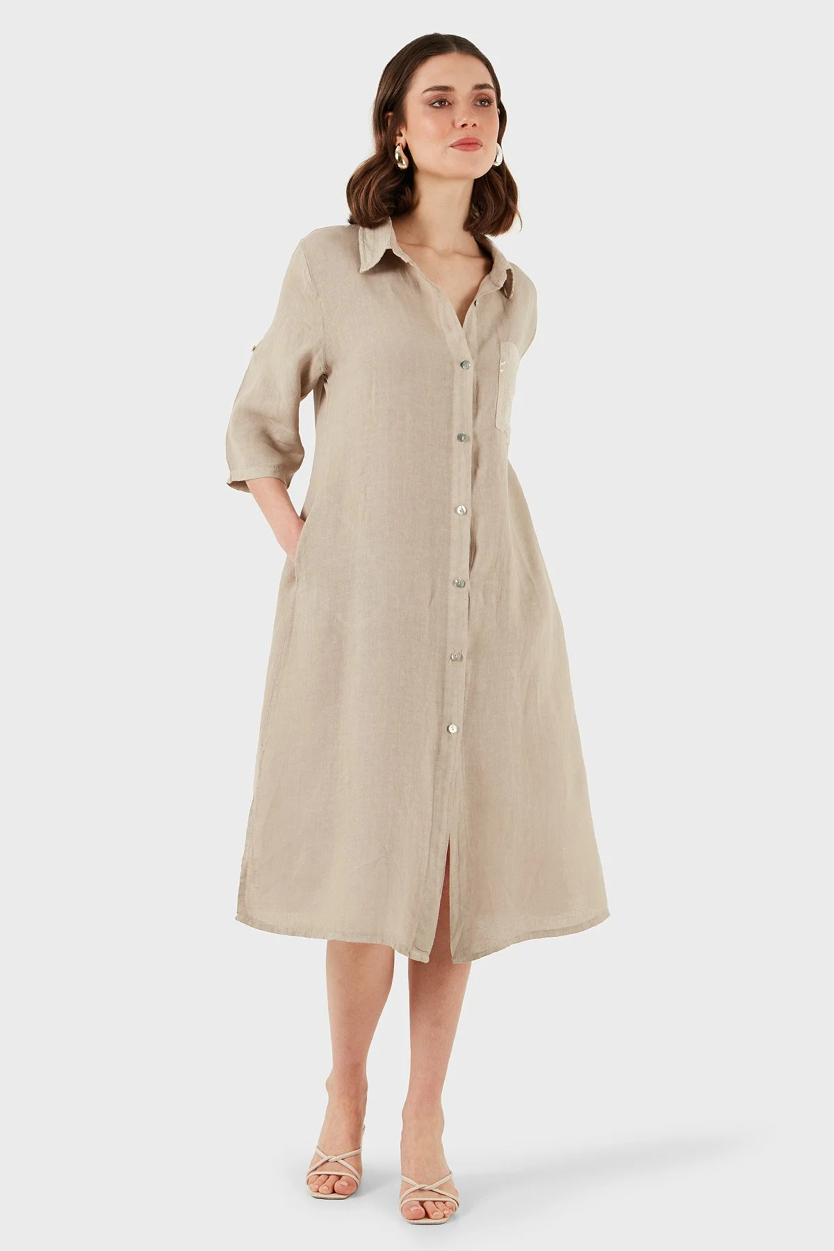 Via Dante Regular Fit Truvakar Kol Midi Keten Kadın Elbise 6689687 TAŞ - 4