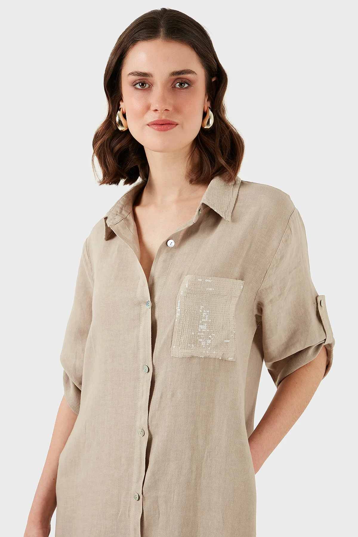 Via Dante Regular Fit Truvakar Kol Midi Keten Kadın Elbise 6689687 TAŞ - 5