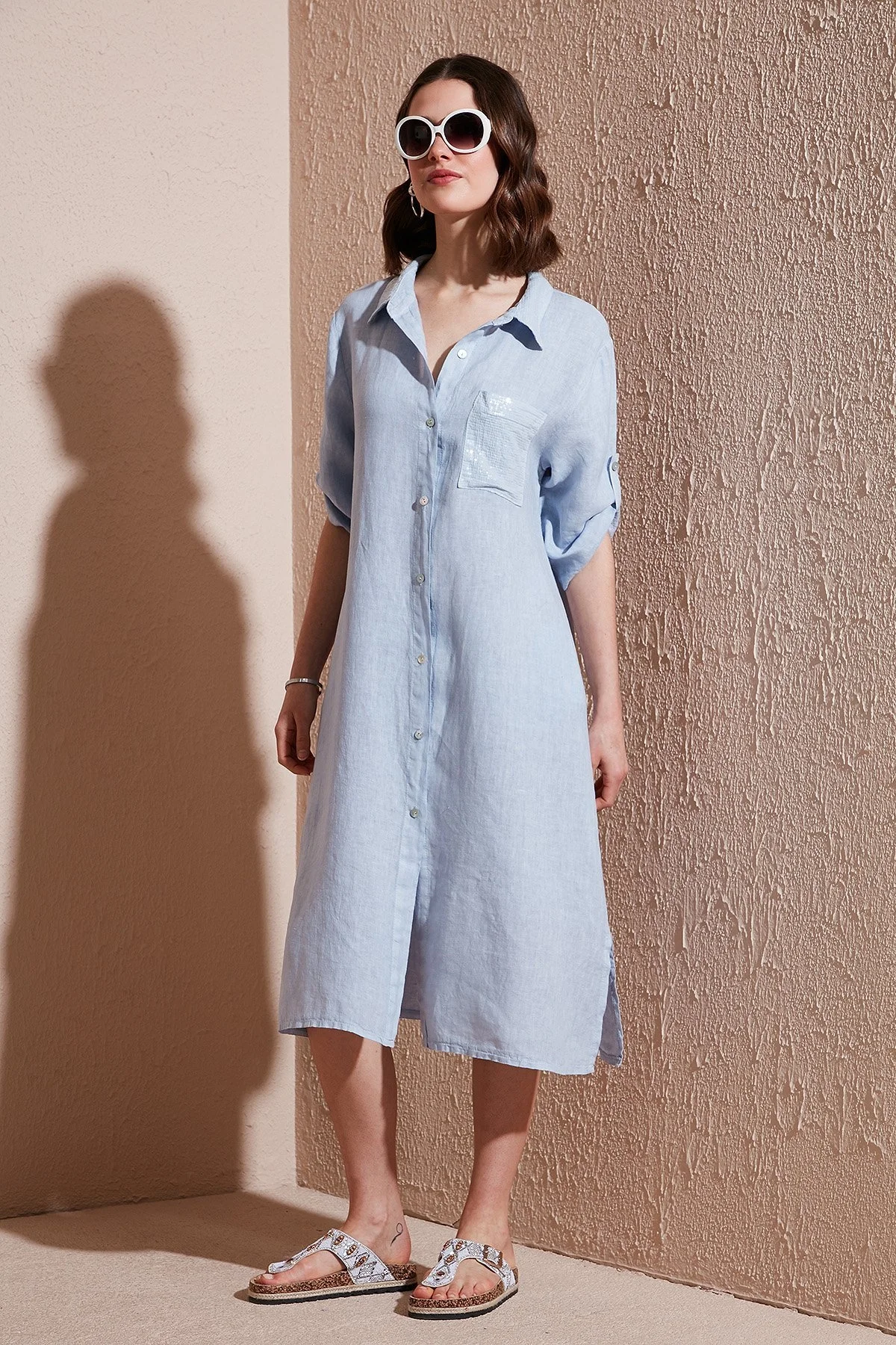 Via Dante Regular Fit Truvakar Kol Midi Keten Bayan Elbise 6689690 AÇIK MAVİ - 9