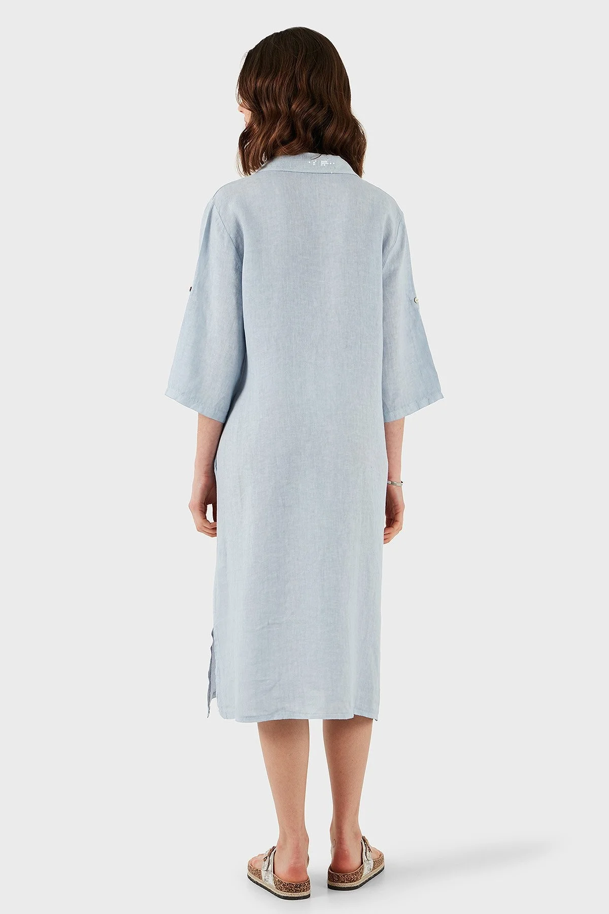 Via Dante Regular Fit Truvakar Kol Midi Keten Bayan Elbise 6689690 AÇIK MAVİ - 10