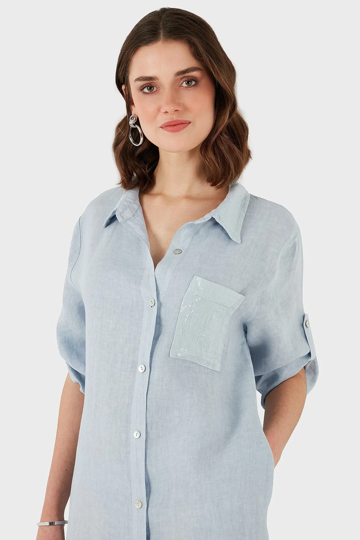 Via Dante Regular Fit Truvakar Kol Midi Keten Bayan Elbise 6689690 AÇIK MAVİ - 11