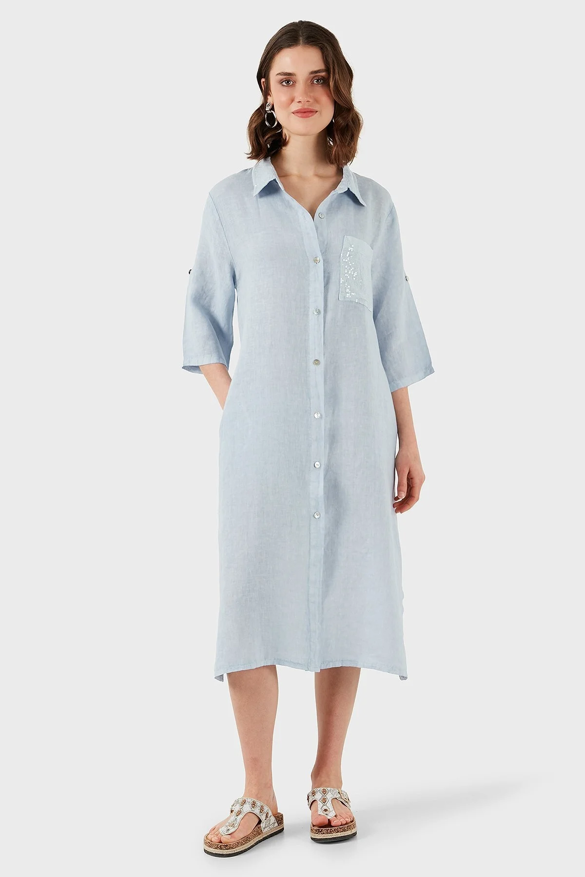 Via Dante Regular Fit Truvakar Kol Midi Keten Bayan Elbise 6689690 AÇIK MAVİ - 12