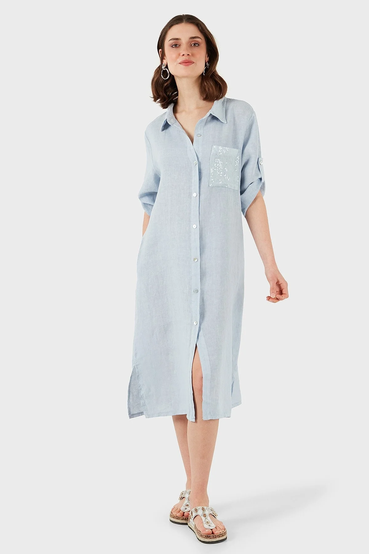 Via Dante Regular Fit Truvakar Kol Midi Keten Bayan Elbise 6689690 AÇIK MAVİ - 13