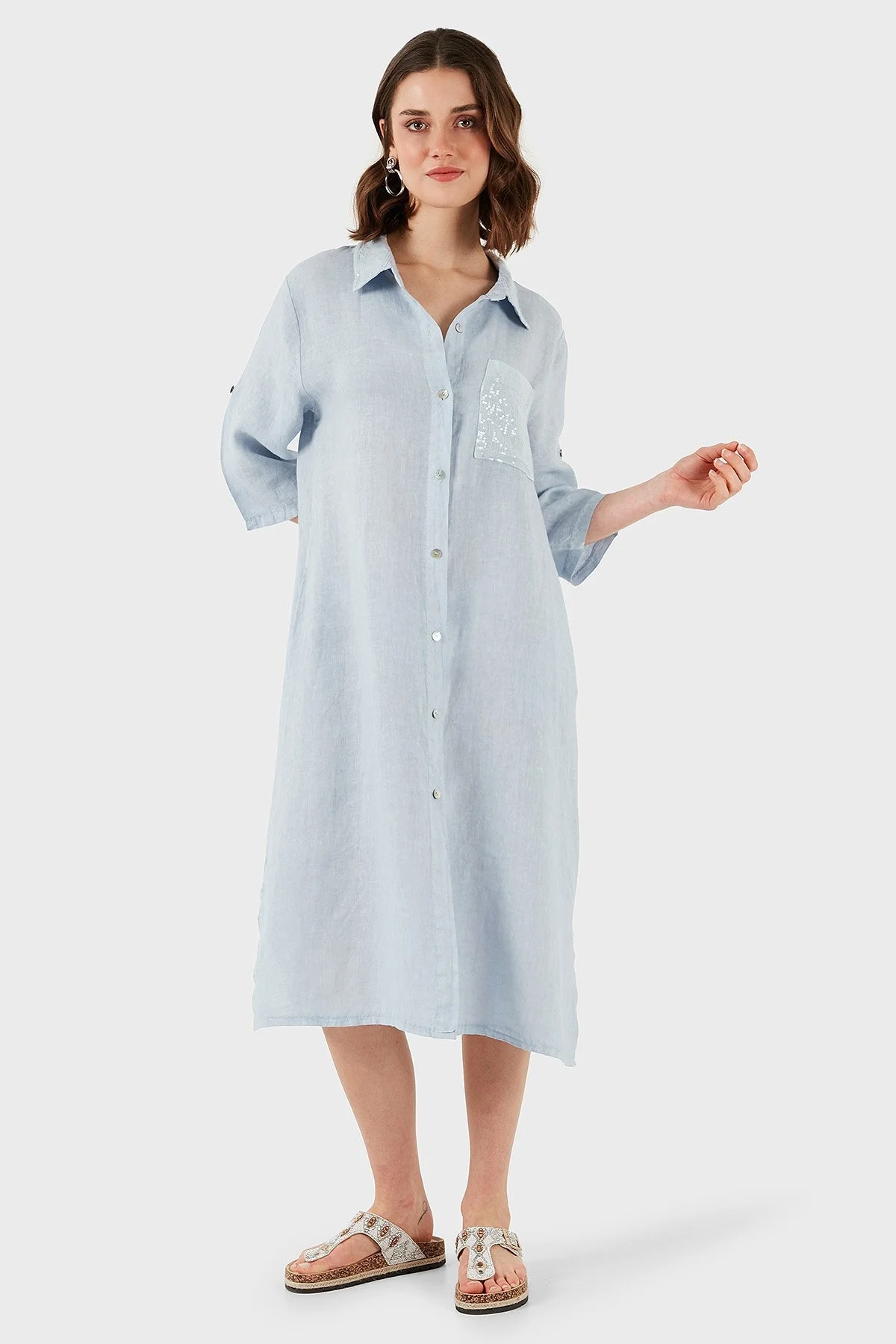 Via Dante Regular Fit Truvakar Kol Midi Keten Bayan Elbise 6689690 AÇIK MAVİ - 14